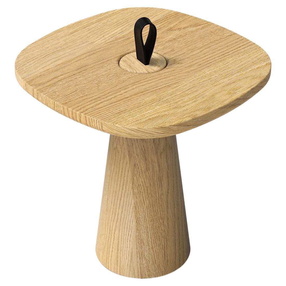 Minimalist Modern Side Table in Natural Oak and Leather Strap For Sale