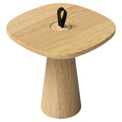 Minimalist Modern Side Table in Natural Oak and Leather Strap