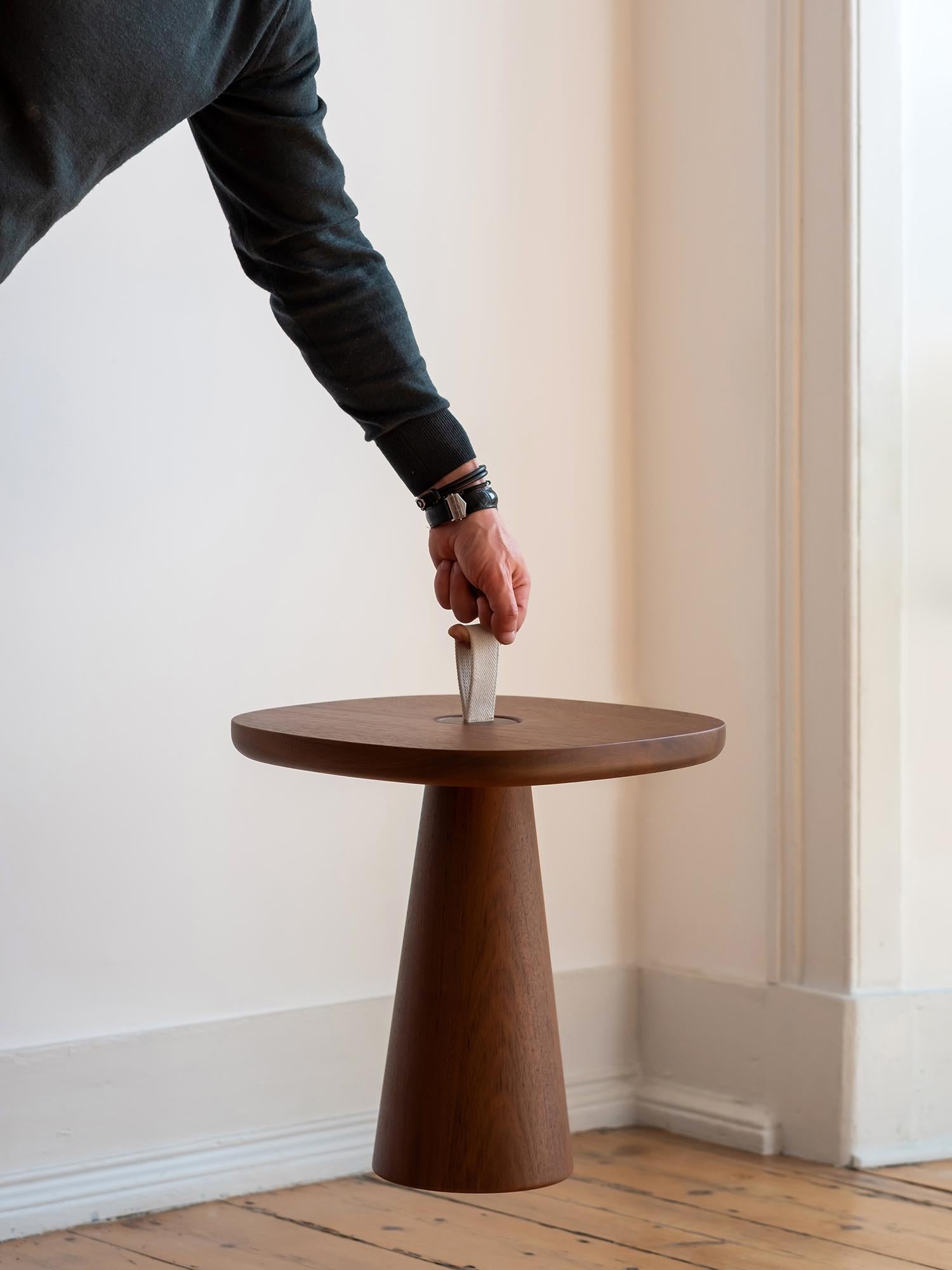 Hand-Crafted Minimalist Modern Side Table in Walnut and Black Leather Strap For Sale
