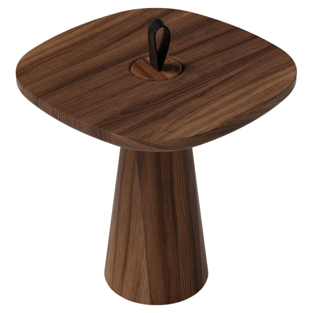 Minimalist Modern Side Table in Walnut and Black Leather Strap For Sale