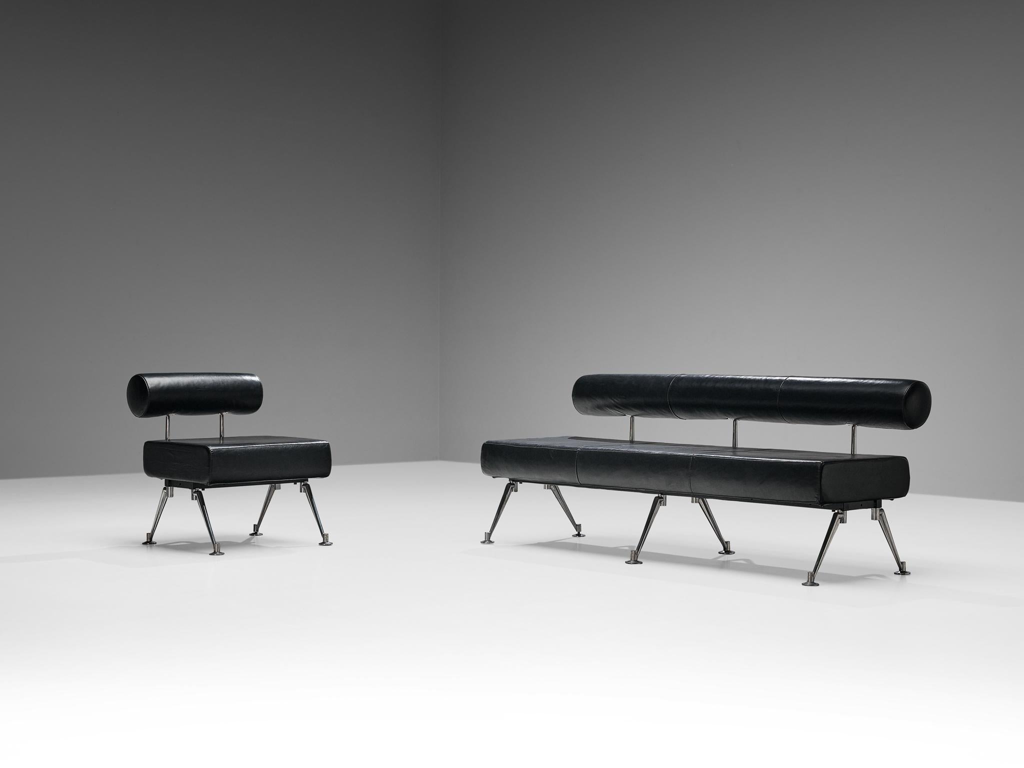 Minimalist Modern Sofa with Metal Frame and Black Leather For Sale at