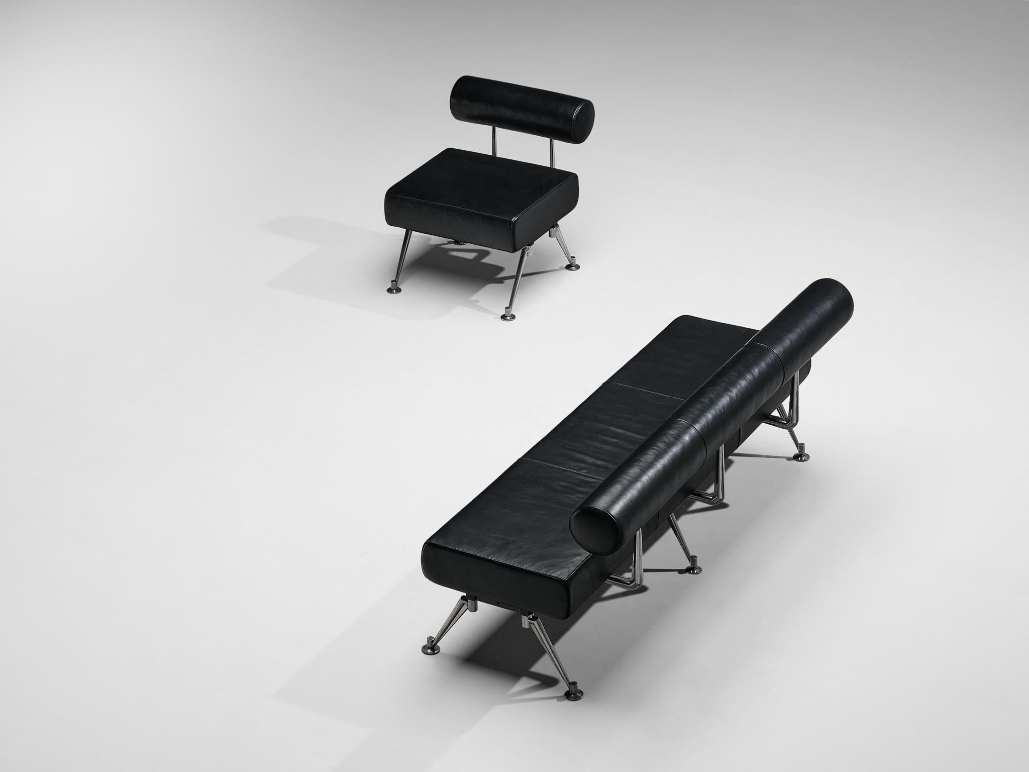 Minimalist Modern Sofa with Metal Frame and Black Leather For Sale at