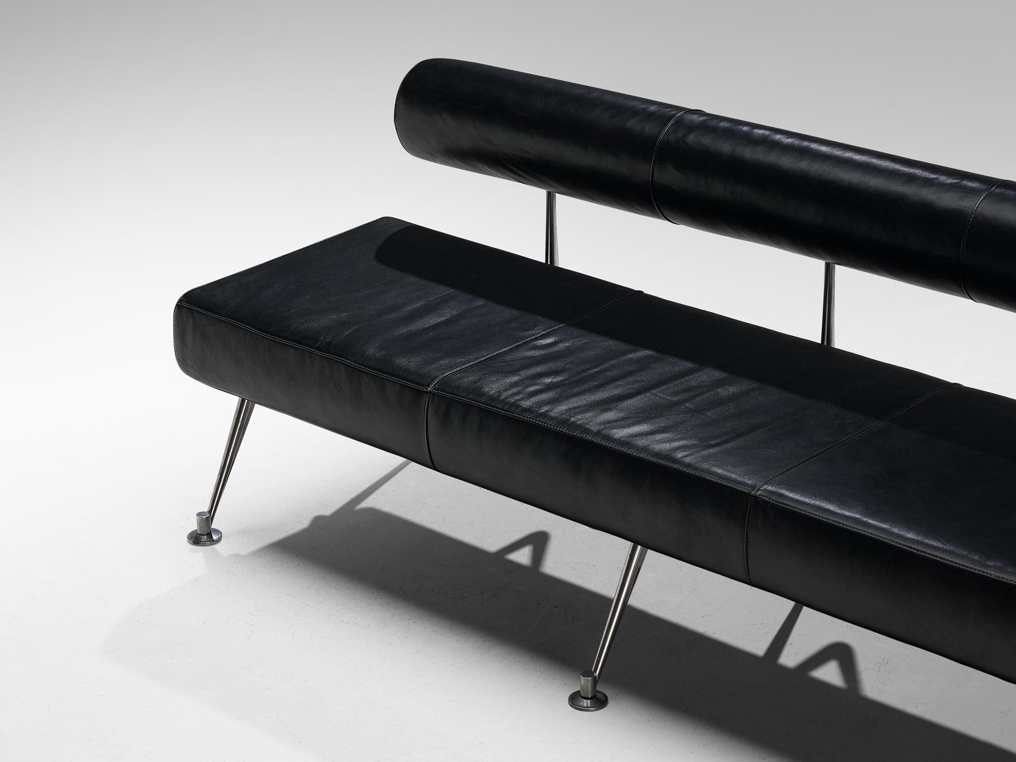 Minimalist Modern Sofa with Metal Frame and Black Leather For Sale at