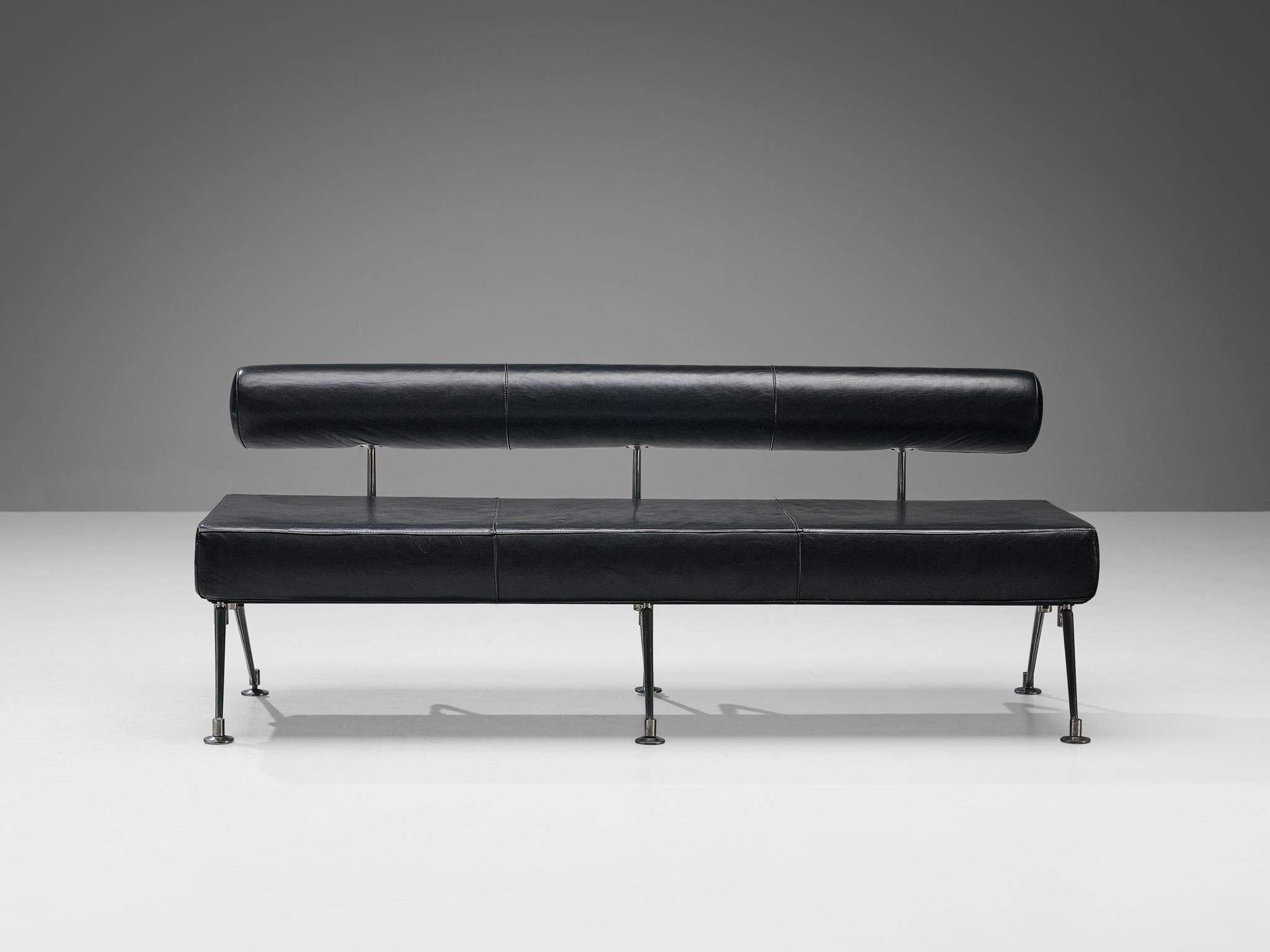 Minimalist Modern Sofa with Metal Frame and Black Leather For Sale at