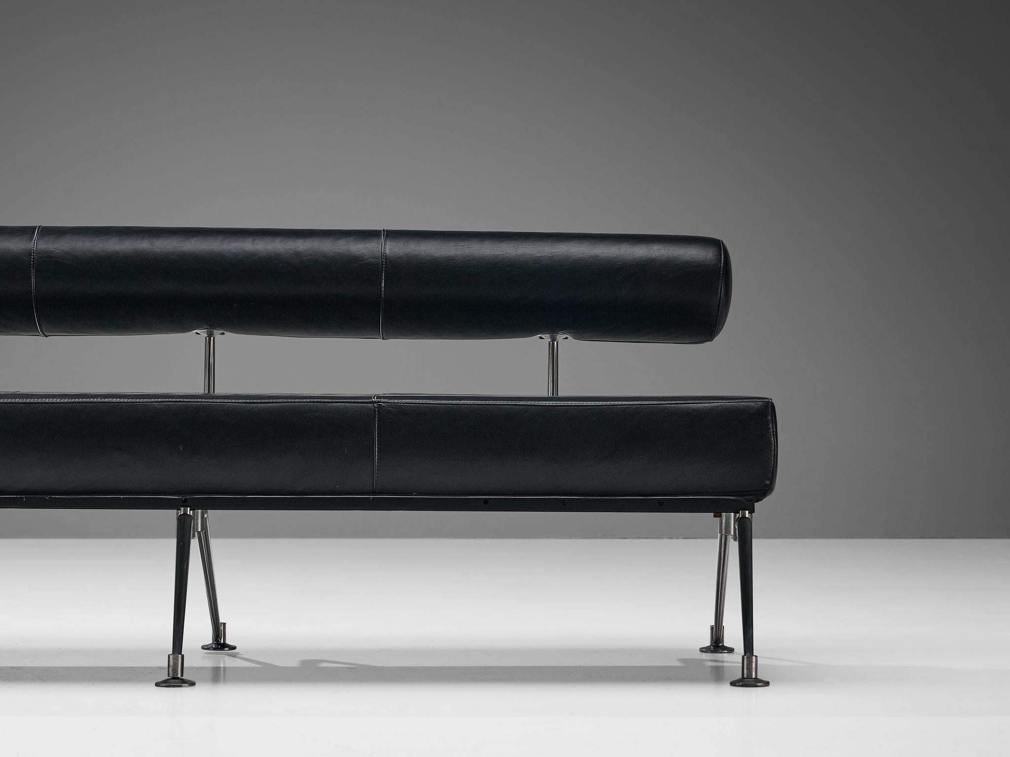Minimalist Modern Sofa with Metal Frame and Black Leather For Sale at
