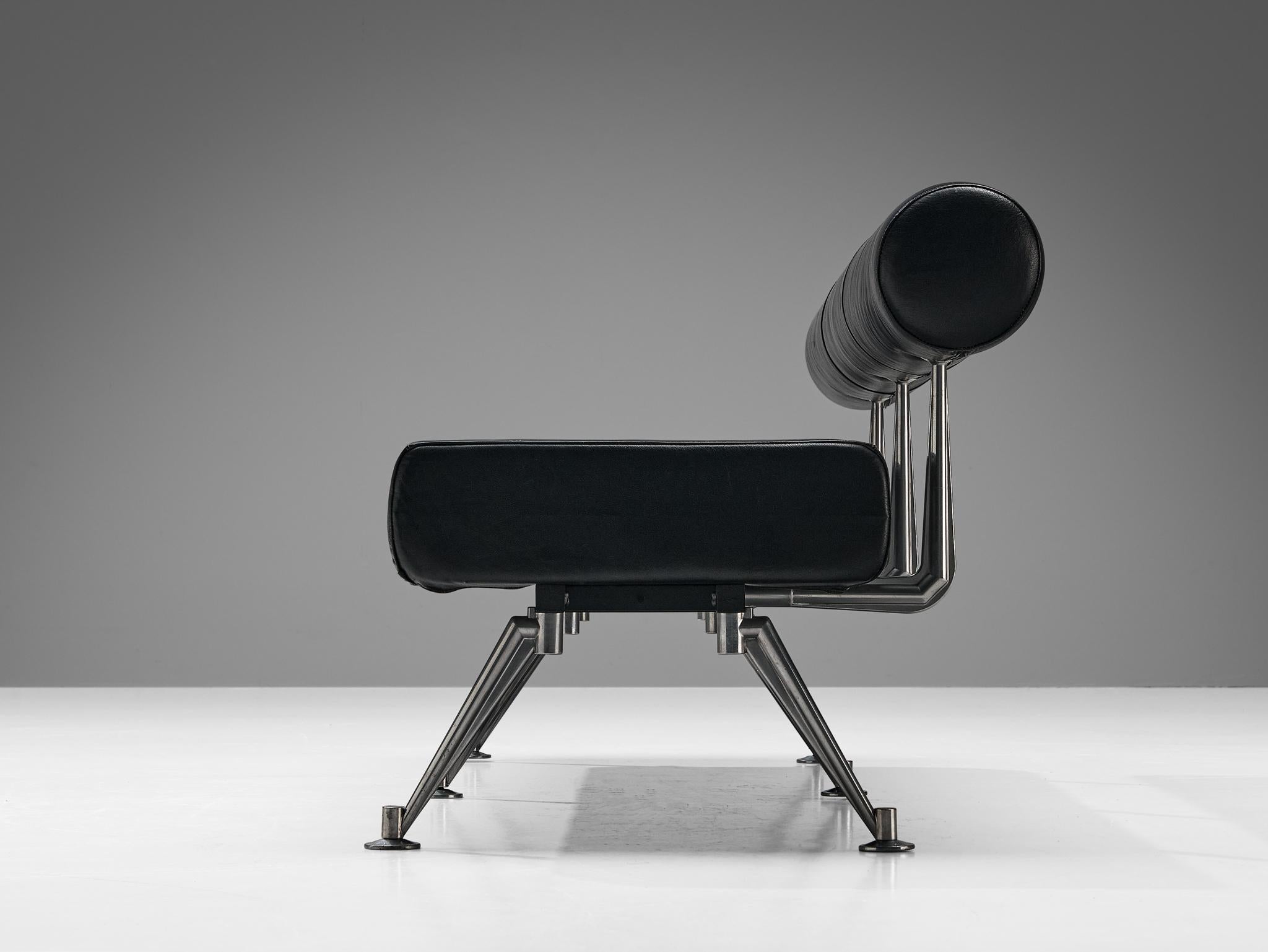 Minimalist Modern Sofa with Metal Frame and Black Leather For Sale at