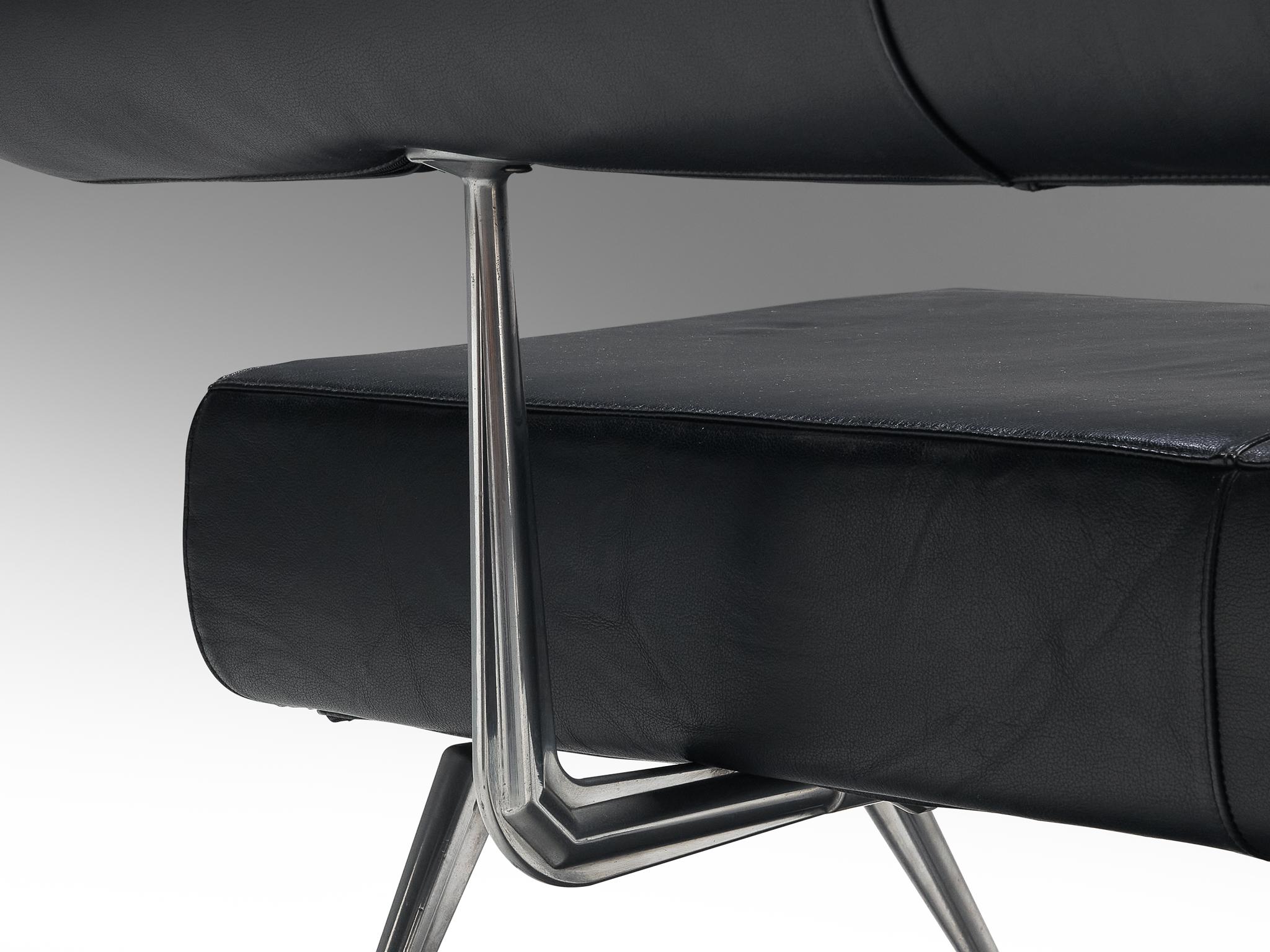 Minimalist Modern Sofa with Metal Frame and Black Leather For Sale at