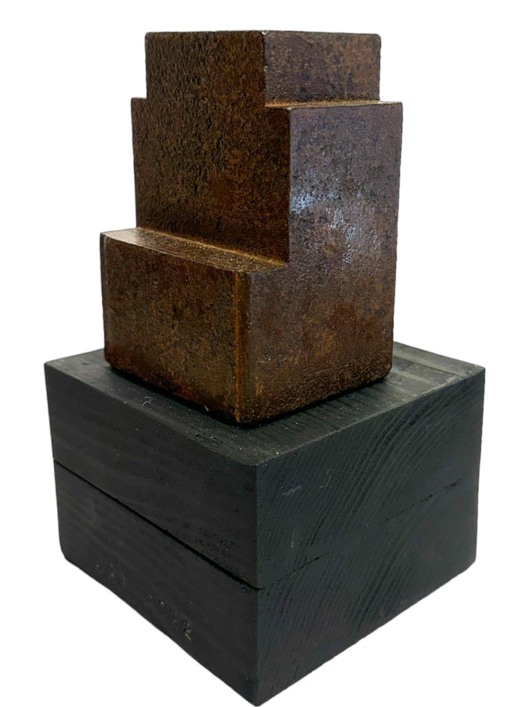 American Minimalist Modern Structure, Rusted Steel on Wood Block Base For Sale