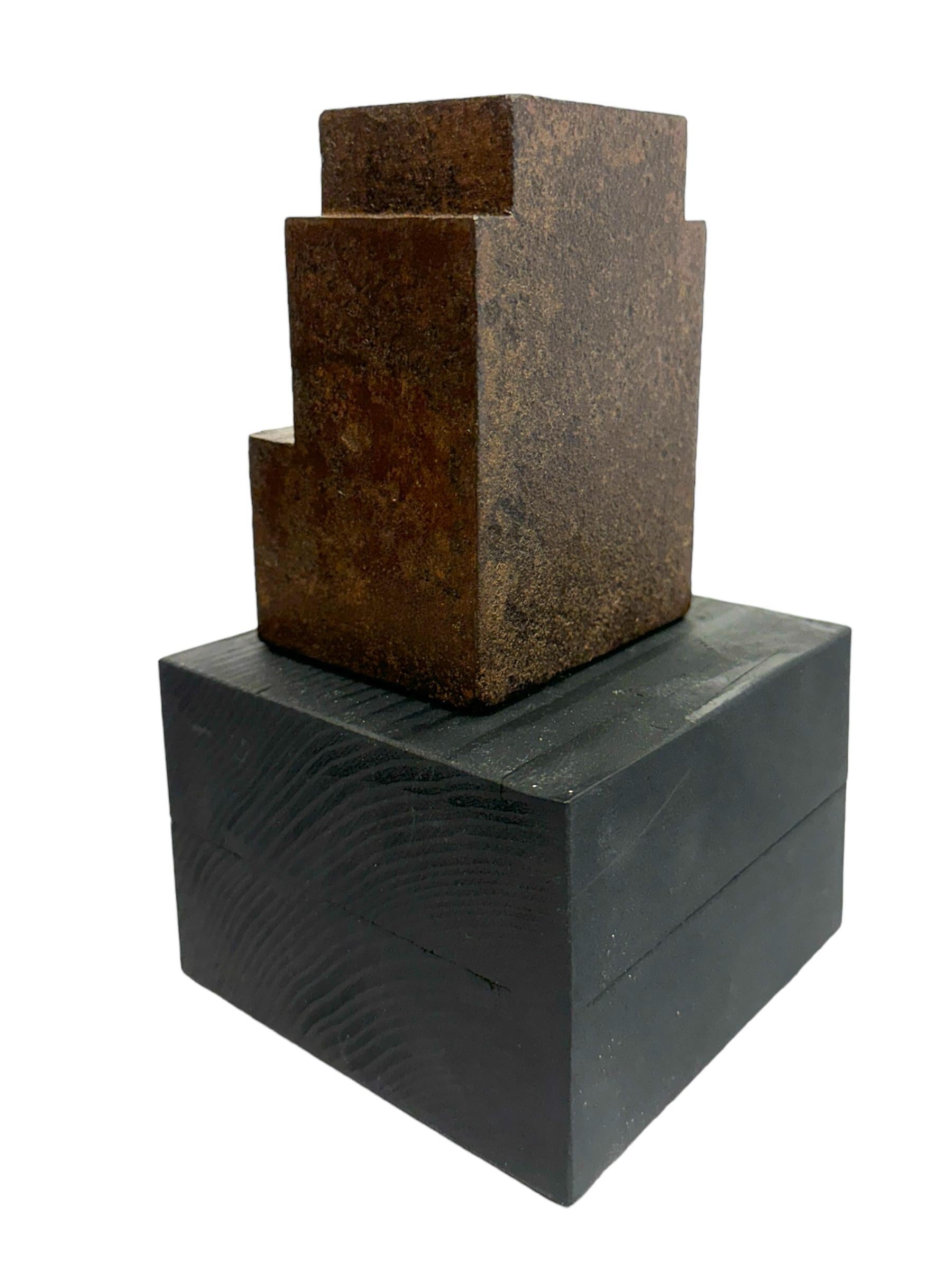 Welded Minimalist Modern Structure, Rusted Steel on Wood Block Base For Sale