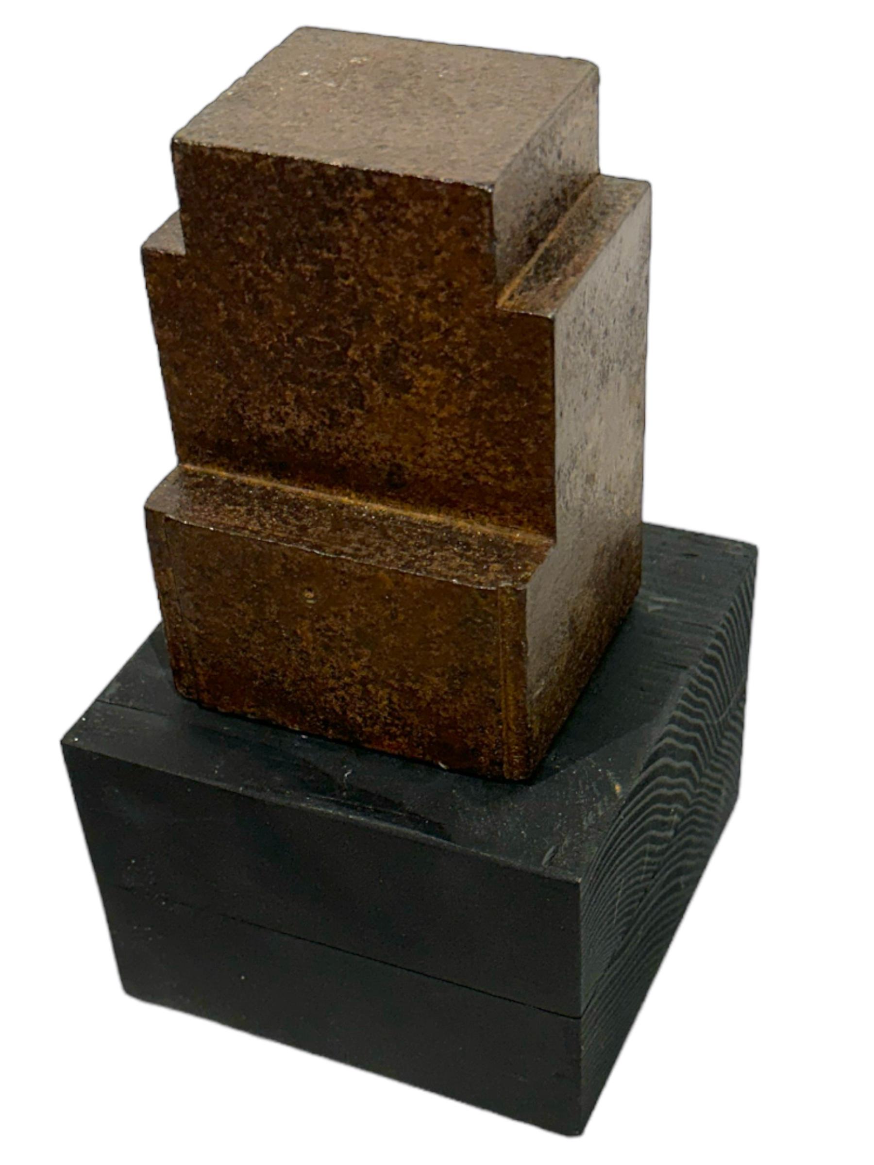 Contemporary Minimalist Modern Structure, Rusted Steel on Wood Block Base For Sale