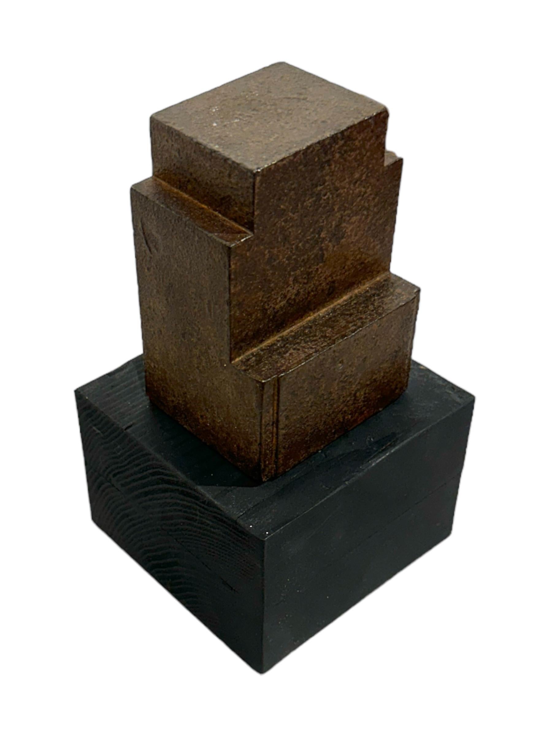 Metal Minimalist Modern Structure, Rusted Steel on Wood Block Base For Sale