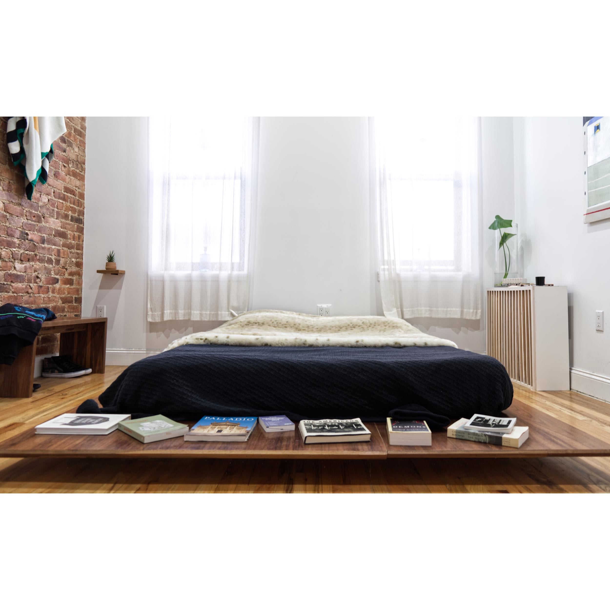 American Minimalist Modern Walnut Platform King Bed Frame, Judd Style For Sale