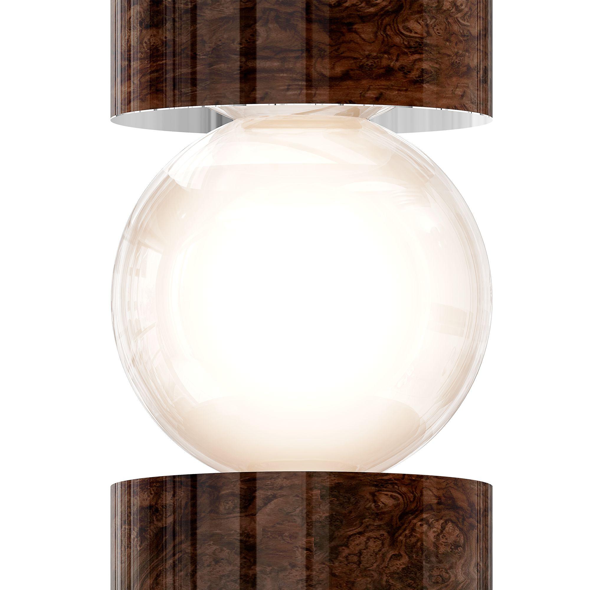Portuguese Minimalist Modern Wood Table Lamp Rounded Shape Walnut Root Frosted Glass Light For Sale