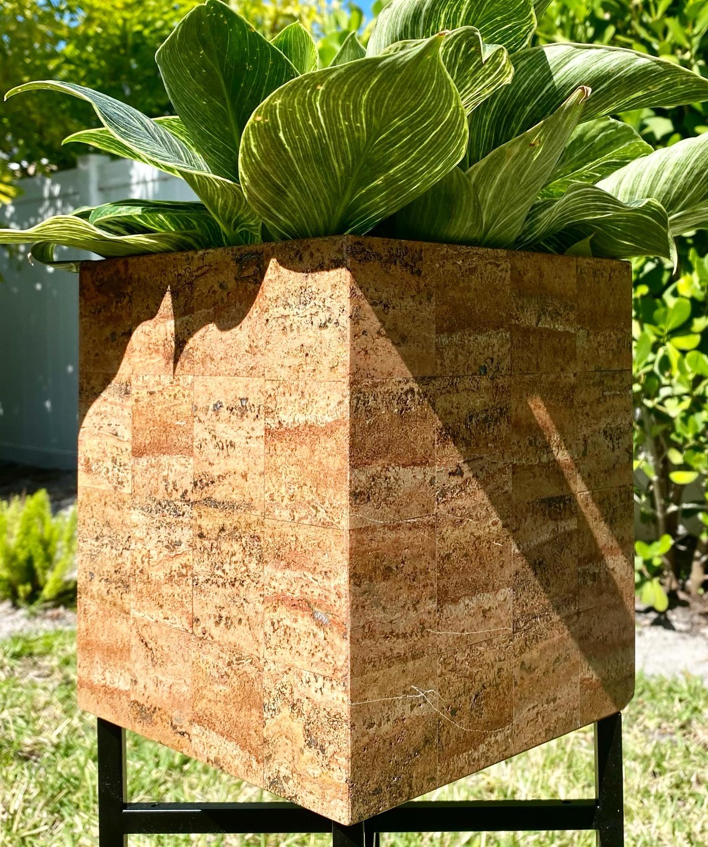 Hand-Crafted Minimalist Modernist Red Travertine Cube Form Planter Vessel For Sale