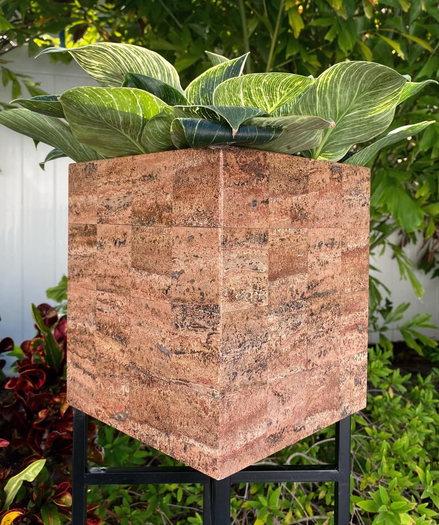 Minimalist Modernist Red Travertine Cube Form Planter Vessel In Good Condition For Sale In Round Top, TX