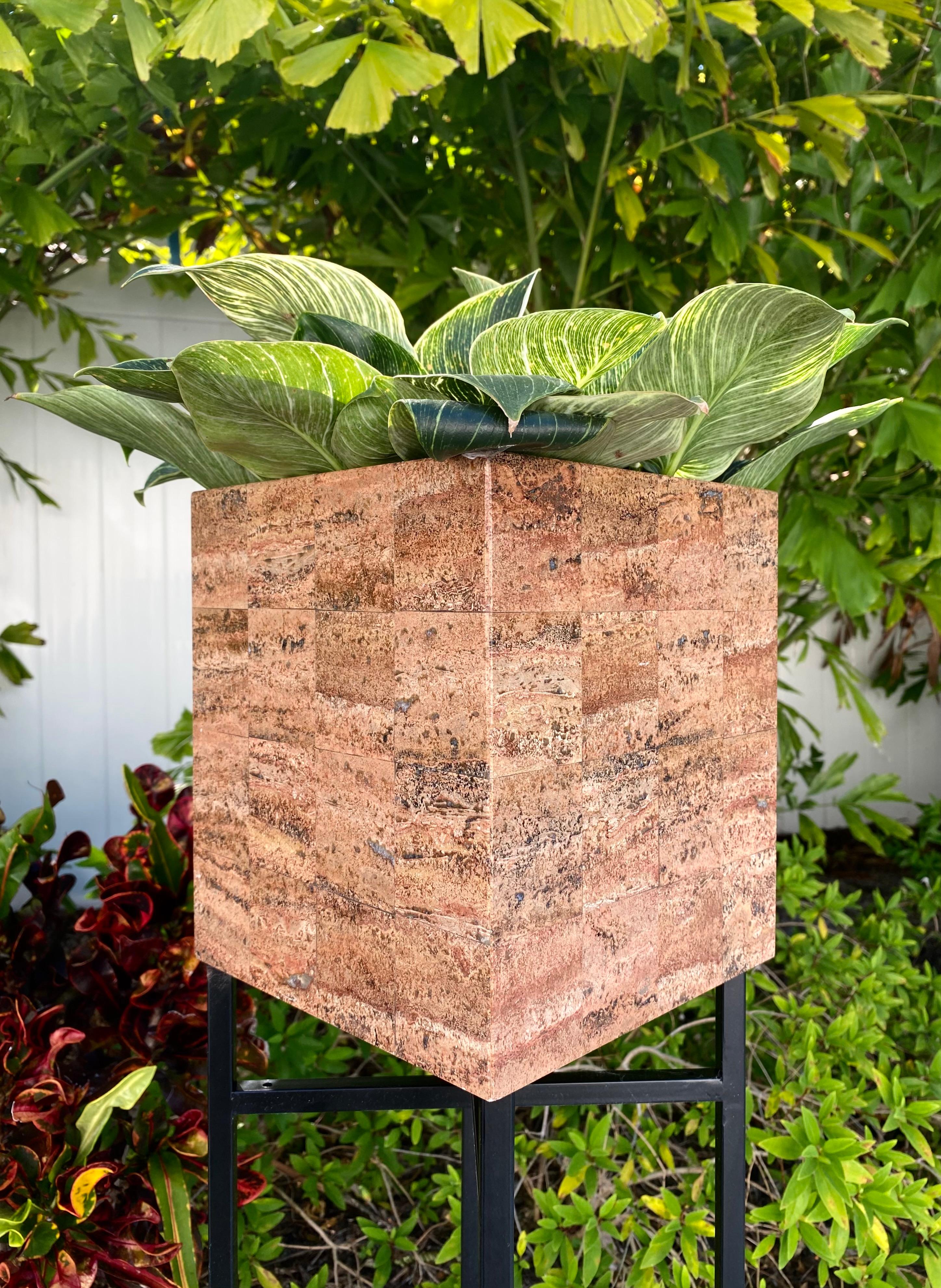 Minimalist Modernist Red Travertine Cube Form Planter Vessel For Sale 1