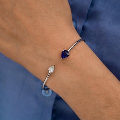 Natural Blue Sapphire Diamond Minimalist Open Cuff Bracelet 18k White Gold