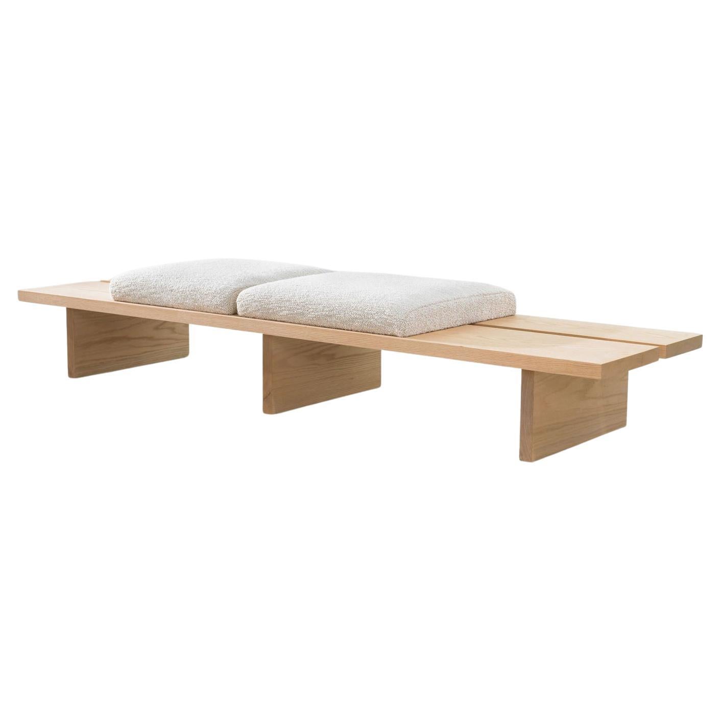 American Minimalist Natural Oak Bench with Custom Wool Bouclé Seating byVivian Carbonell  For Sale