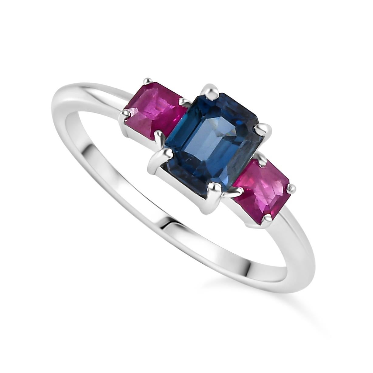 For Sale:  Minimalist Natural Ruby Blue Sapphire Three Stone Ring Made in 14k White Gold 3