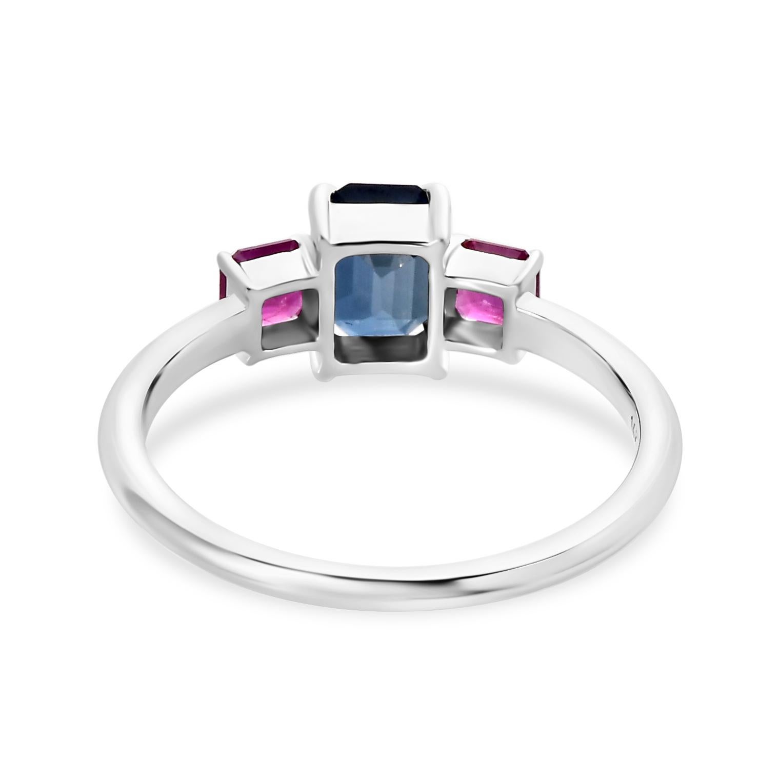 For Sale:  Minimalist Natural Ruby Blue Sapphire Three Stone Ring Made in 14k White Gold 5