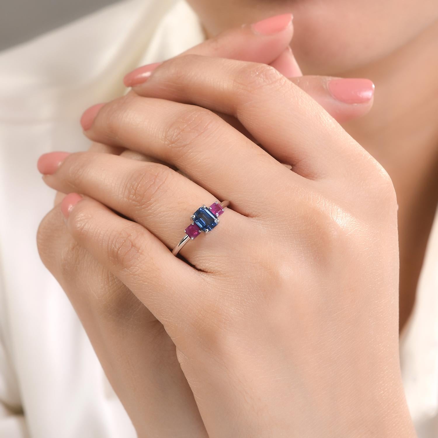 For Sale:  Minimalist Natural Ruby Blue Sapphire Three Stone Ring Made in 14k White Gold 6