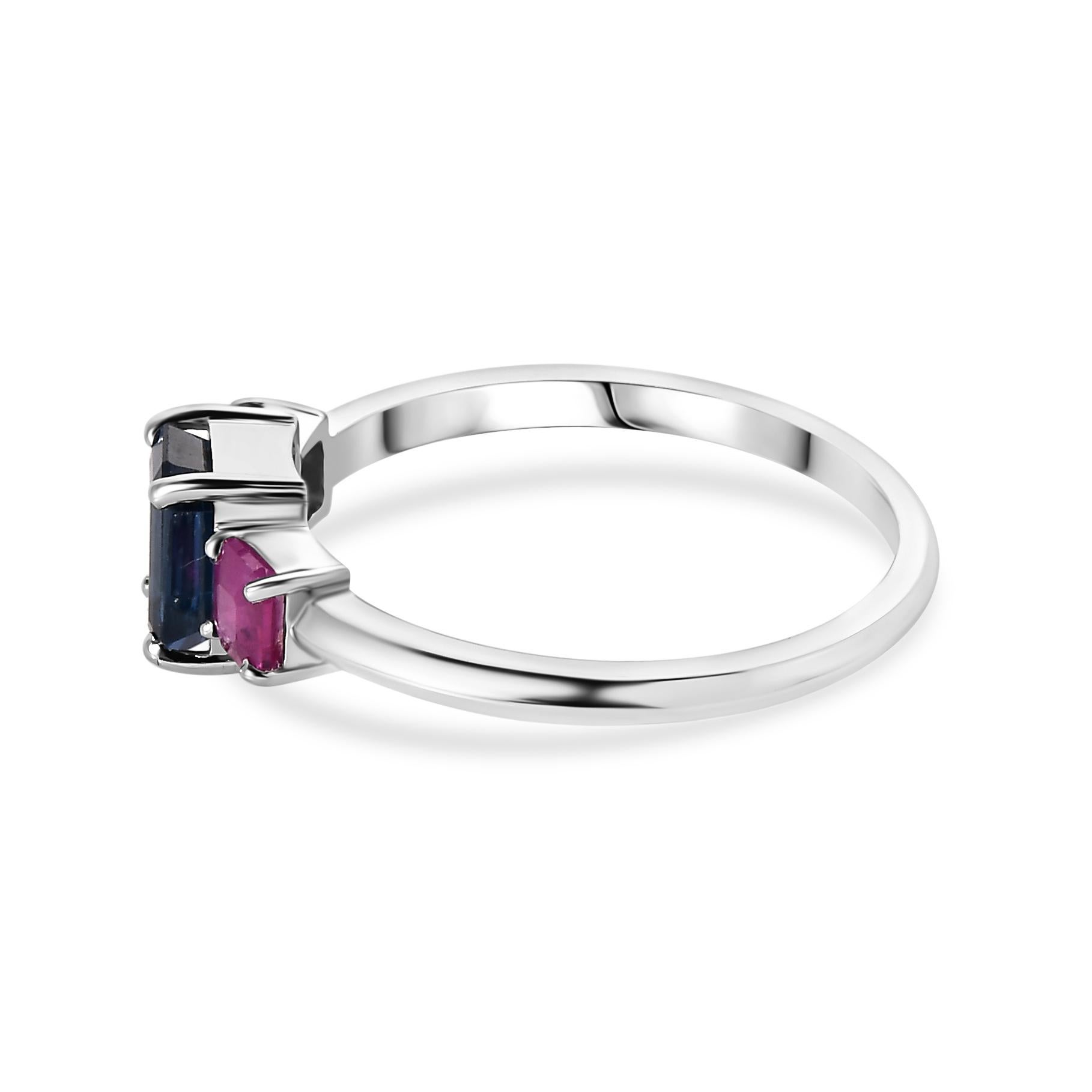 For Sale:  Minimalist Natural Ruby Blue Sapphire Three Stone Ring Made in 14k White Gold 7