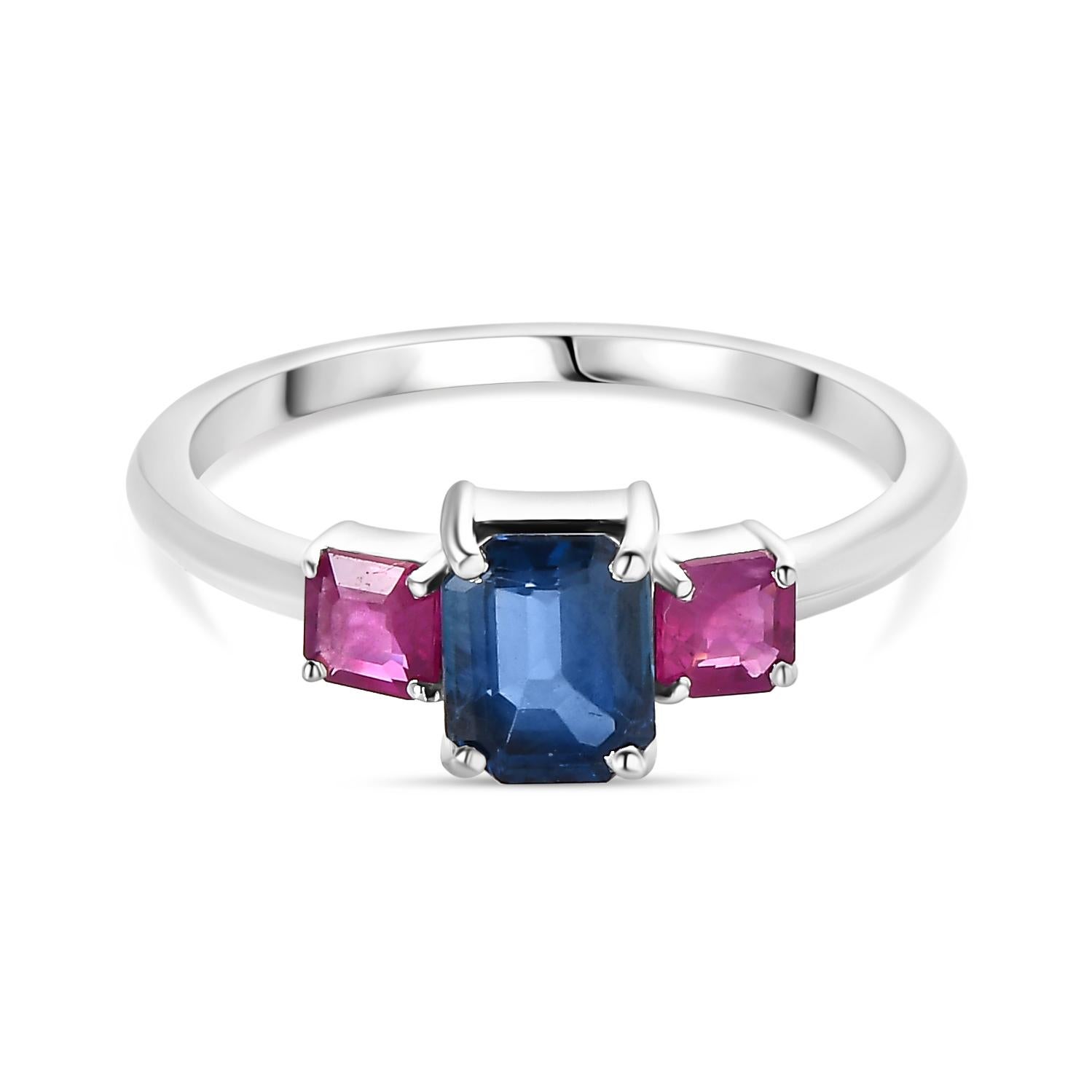 For Sale:  Minimalist Natural Ruby Blue Sapphire Three Stone Ring Made in 14k White Gold 9