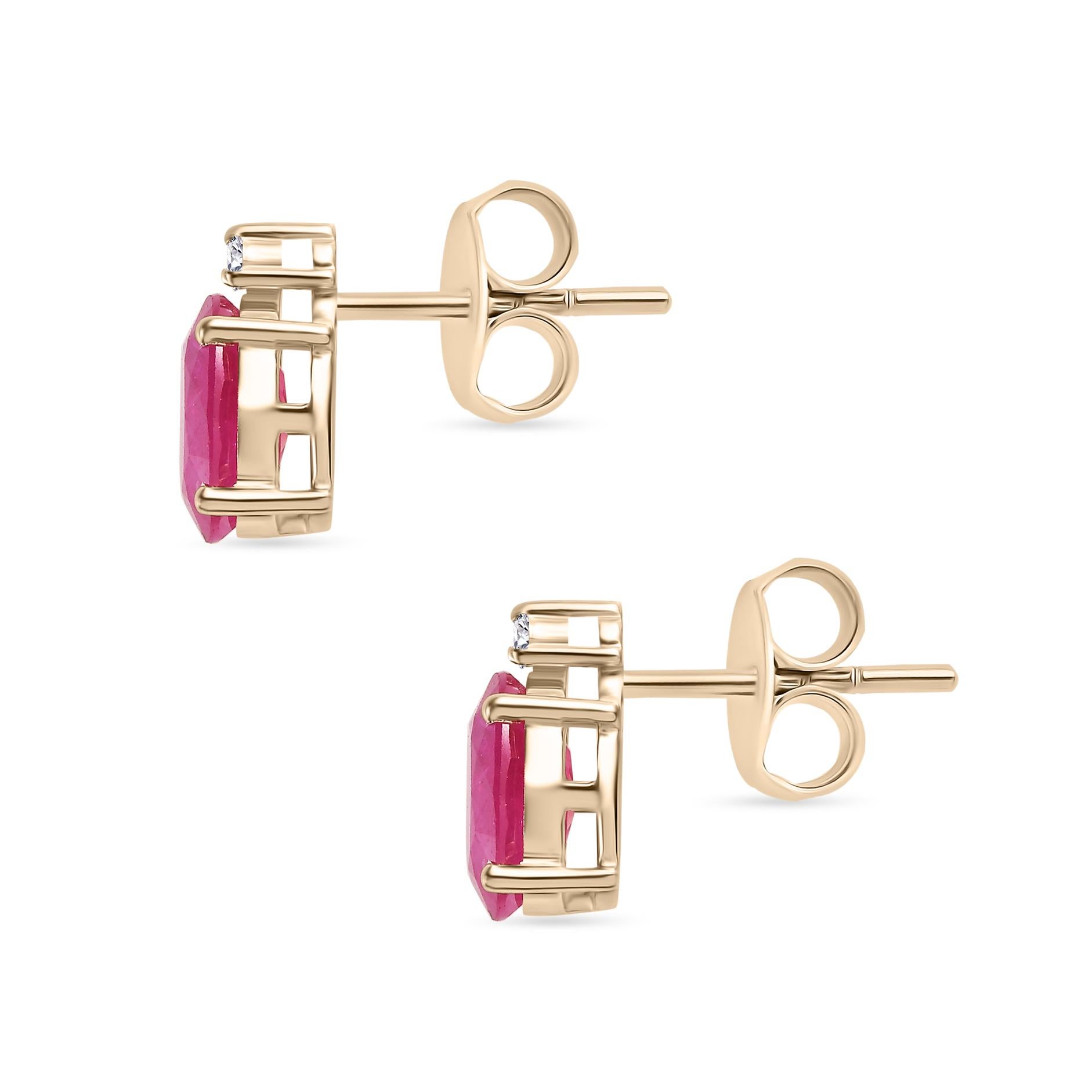 Art Deco Minimalist Natural Ruby Diamond Stud Earrings in Solid 14k Yellow Gold For Sale