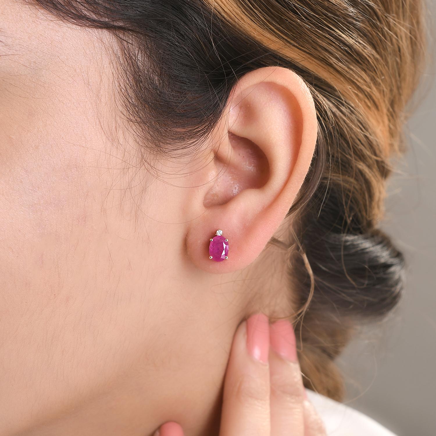 Minimalist Natural Ruby Diamond Stud Earrings in Solid 14k Yellow Gold For Sale 2