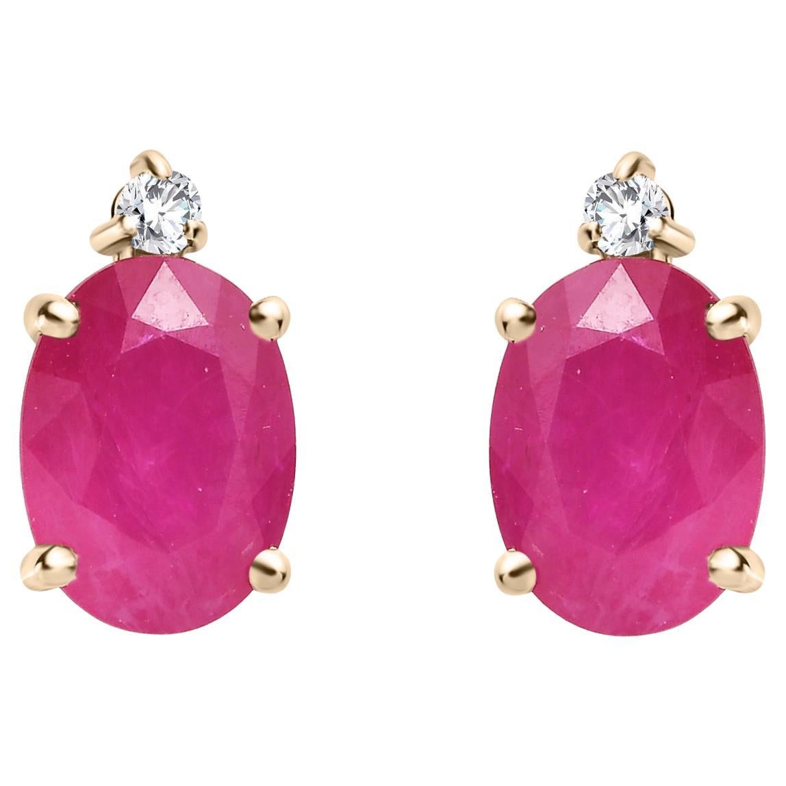 Minimalist Natural Ruby Diamond Stud Earrings in Solid 14k Yellow Gold