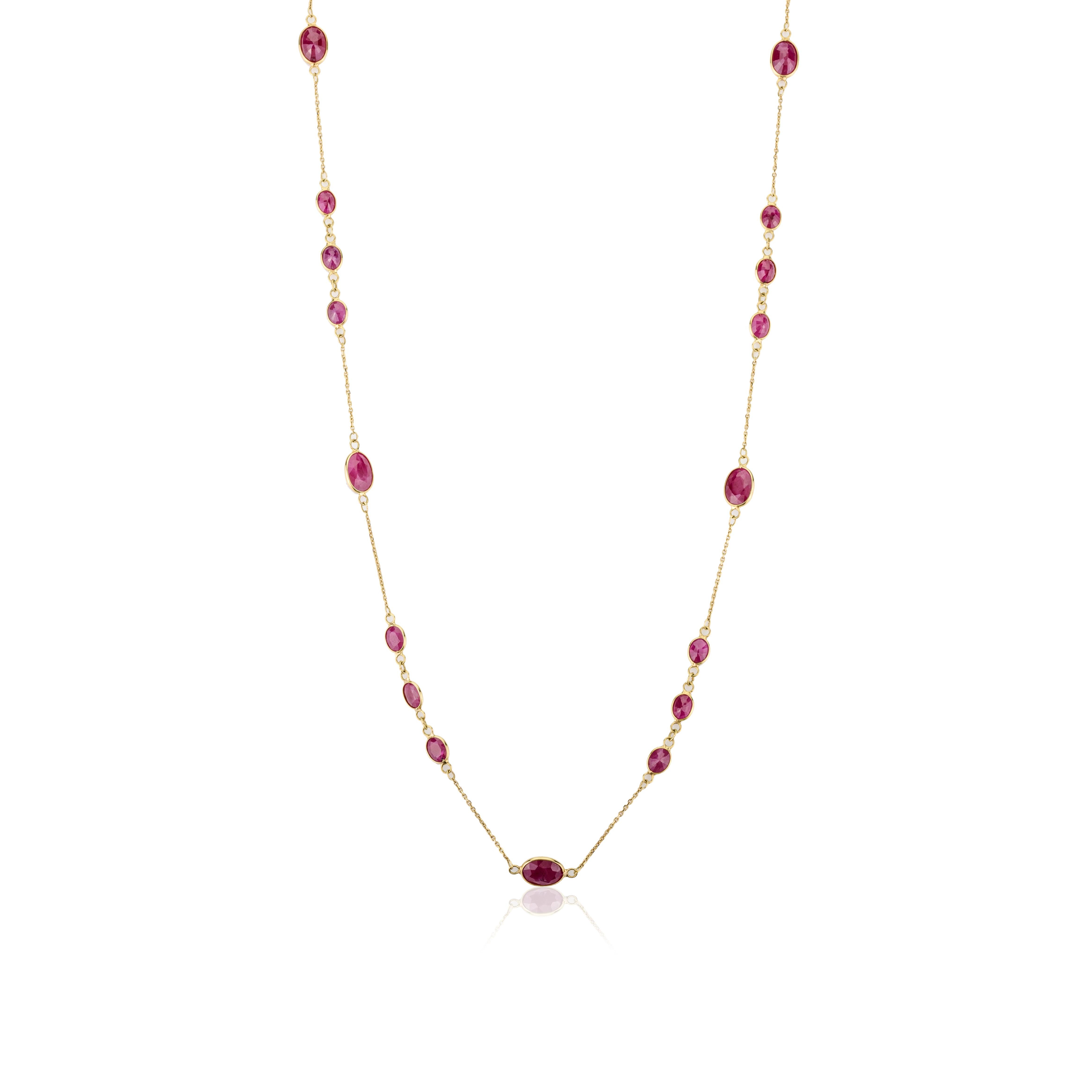 Collana minimalista con catena a strati di rubini naturali per lei in oro giallo massiccio 18 ct. In condizioni Nuovo in vendita a New York, NY
