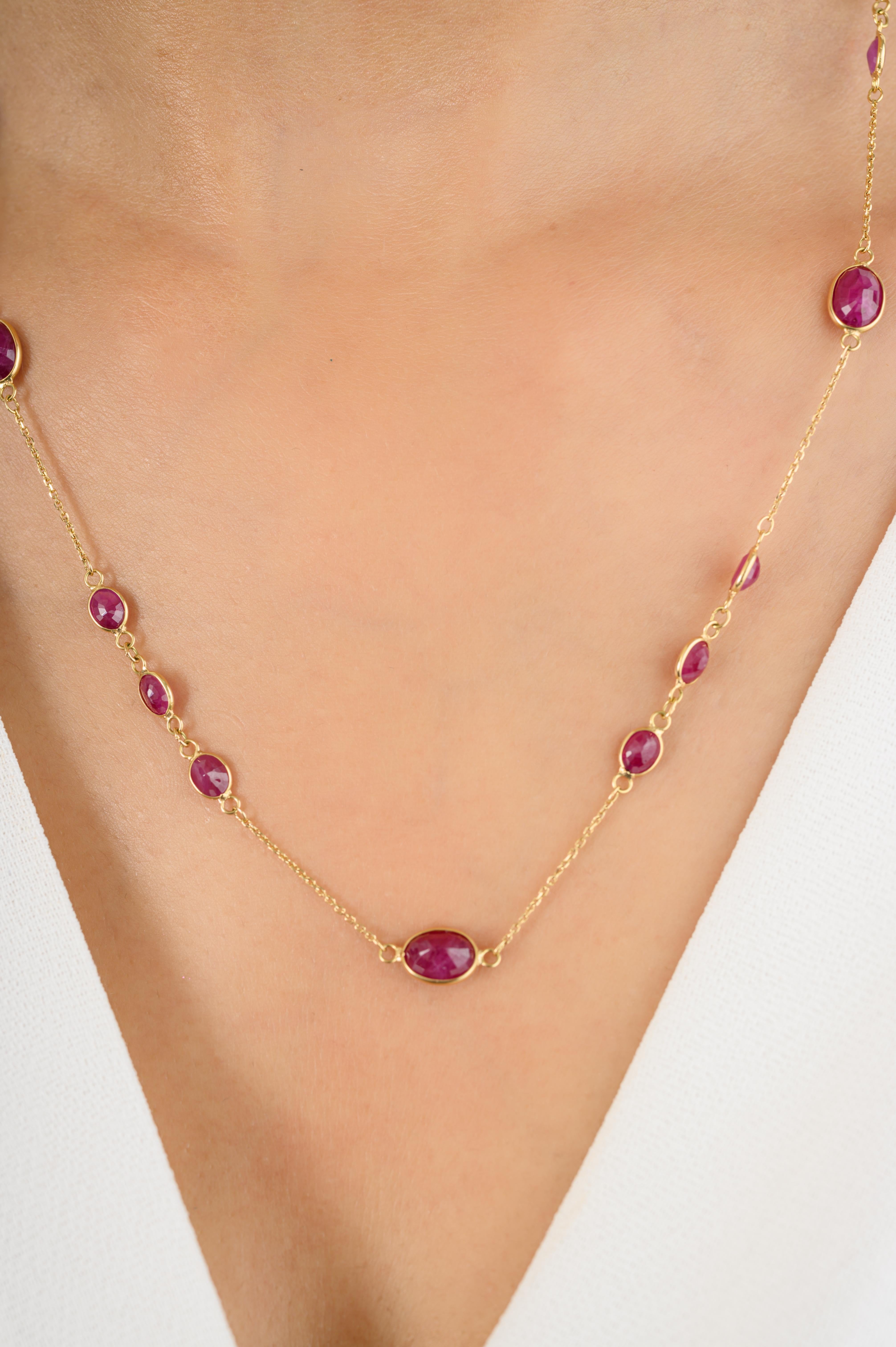 Donna Collana minimalista con catena a strati di rubini naturali per lei in oro giallo massiccio 18 ct. in vendita