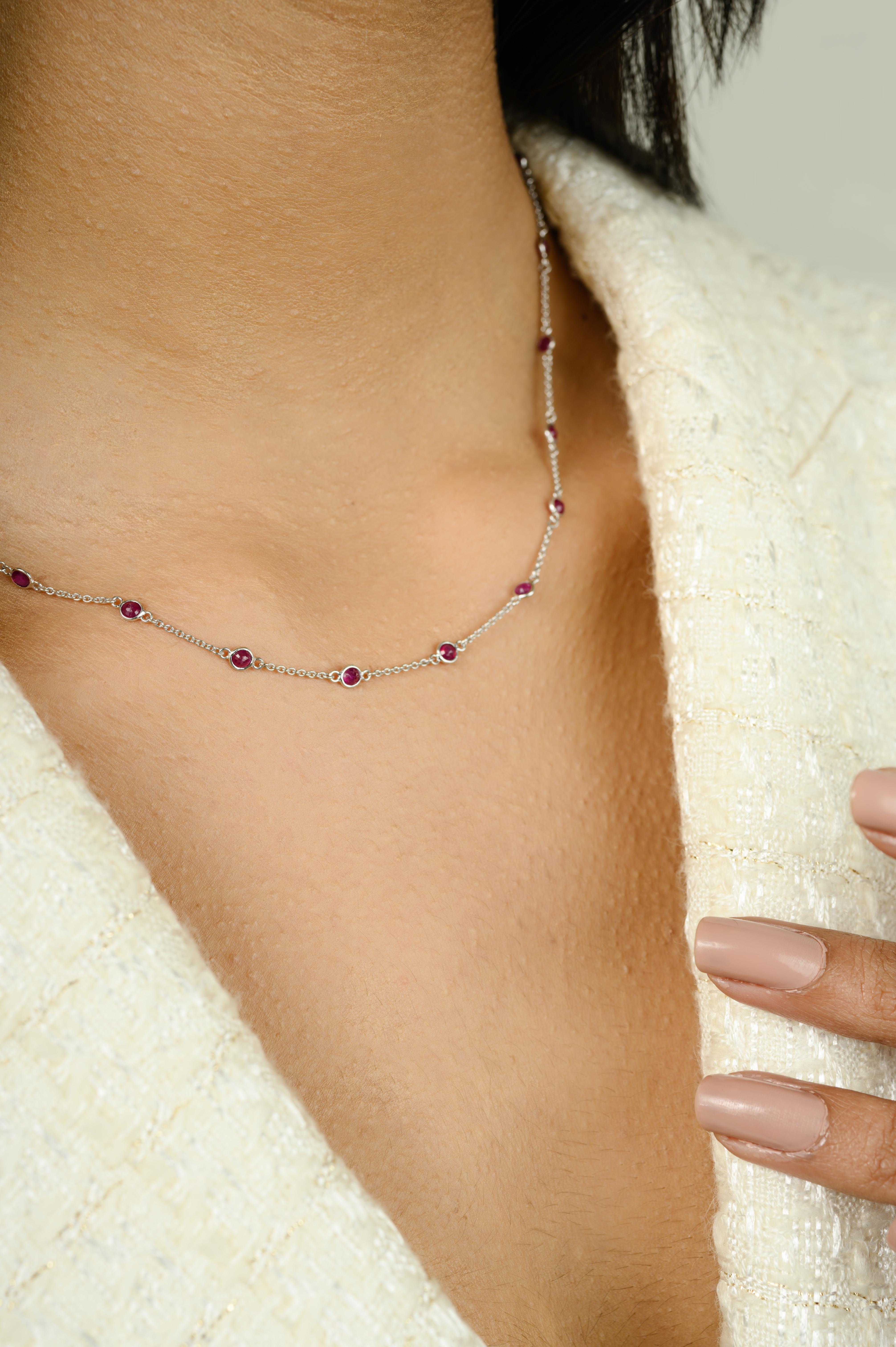 Taglio rotondo Collana minimalista a catena con rubino naturale per lei in oro bianco massiccio 14k in vendita