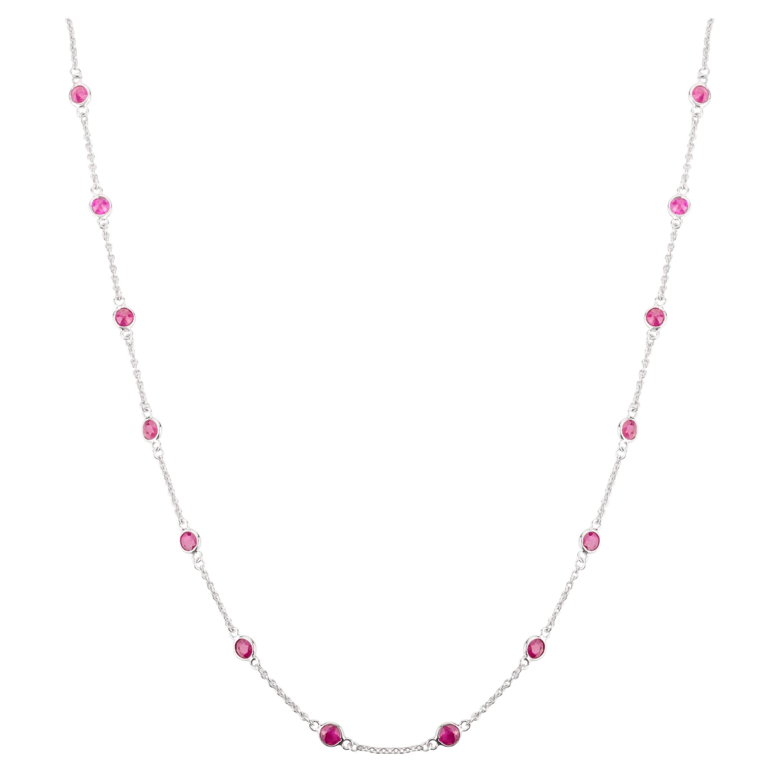 Minimalist Natural Ruby Station Chain Necklace for Her in 14k Solid White Gold