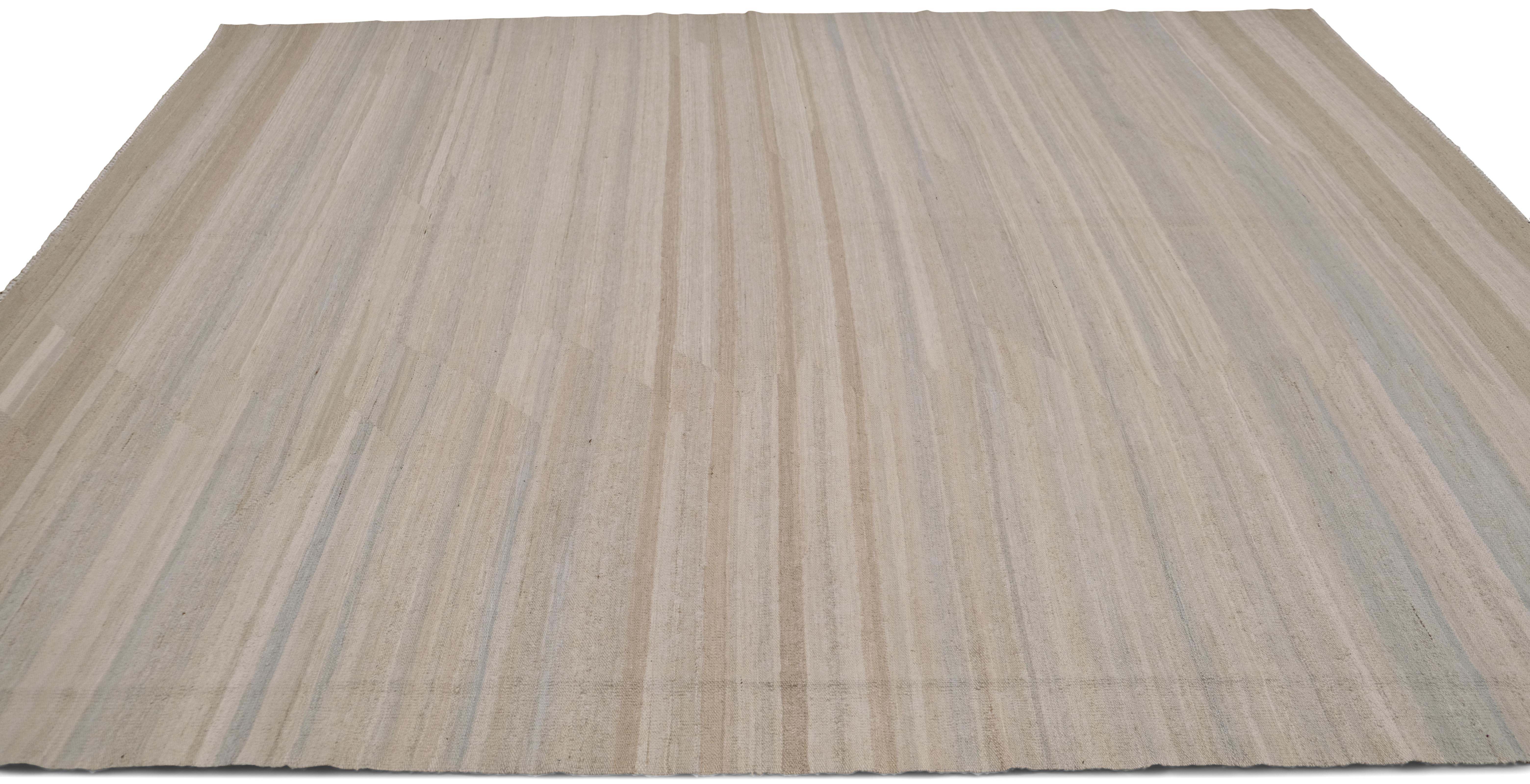 Modern Minimalist Natural Striped Wool Kilim Rug 7'10''x9'10'' For Sale