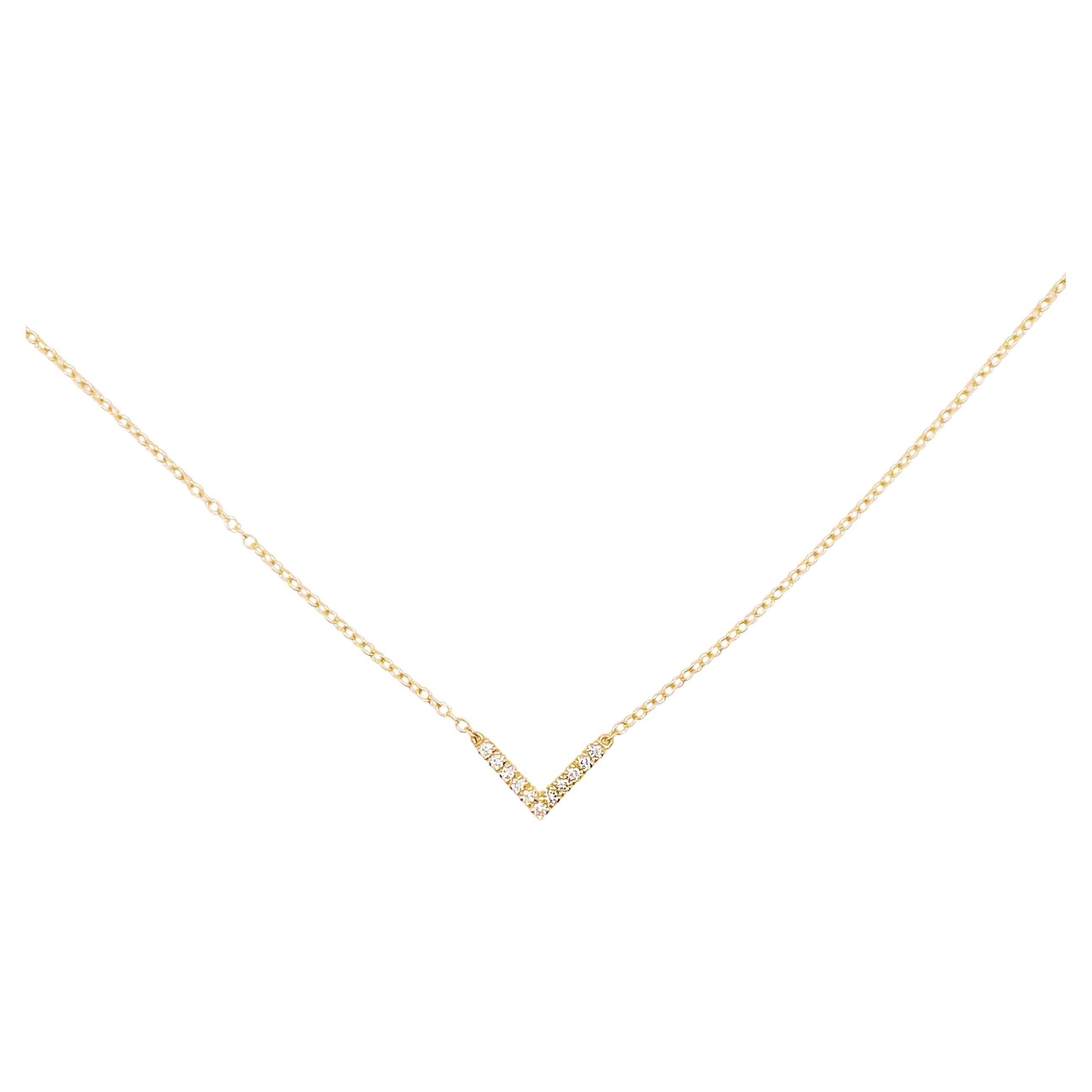 Minimalist Necklace V Shaped Diamond Bar Necklace in 14K Yellow Gold For Sale