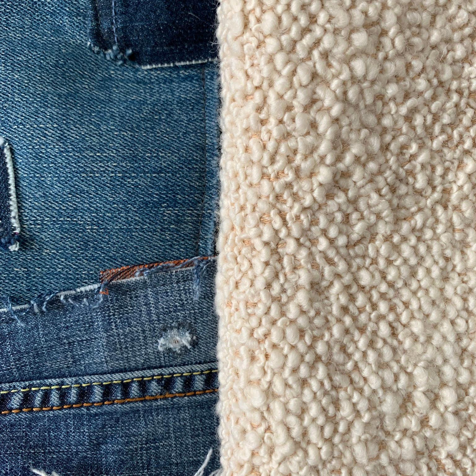 Minimalist Oak Bench with Custom Bouclé and Denim Patchwork by Vivian Carbonell 1