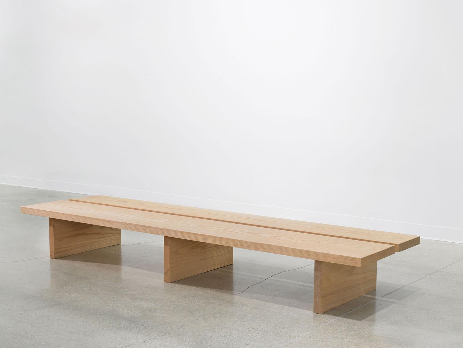 Woodwork Minimalist Oak Bench with Custom Bouclé and Denim Patchwork by Vivian Carbonell
