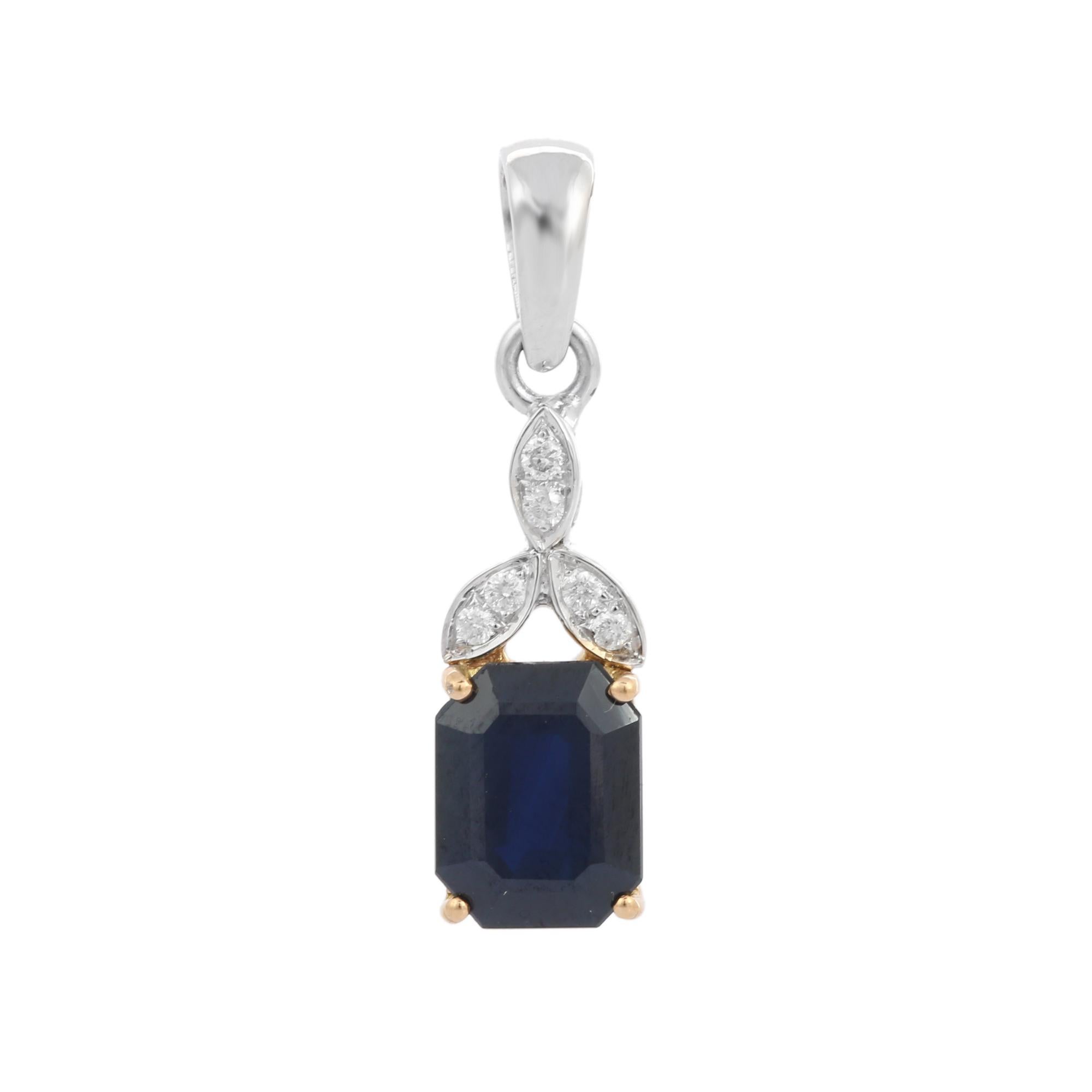 Natural Blue Sapphire and Diamond pendant in 18K Gold. It has octagon cut sapphire studded with diamond that completes your look with a decent touch. Pendants are used to wear or gifted to represent love and promises. It's an attractive jewelry
