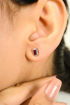 Octagon Cut Natural Ruby Stud Earrings in 14k Solid White Gold Mothers day Gift