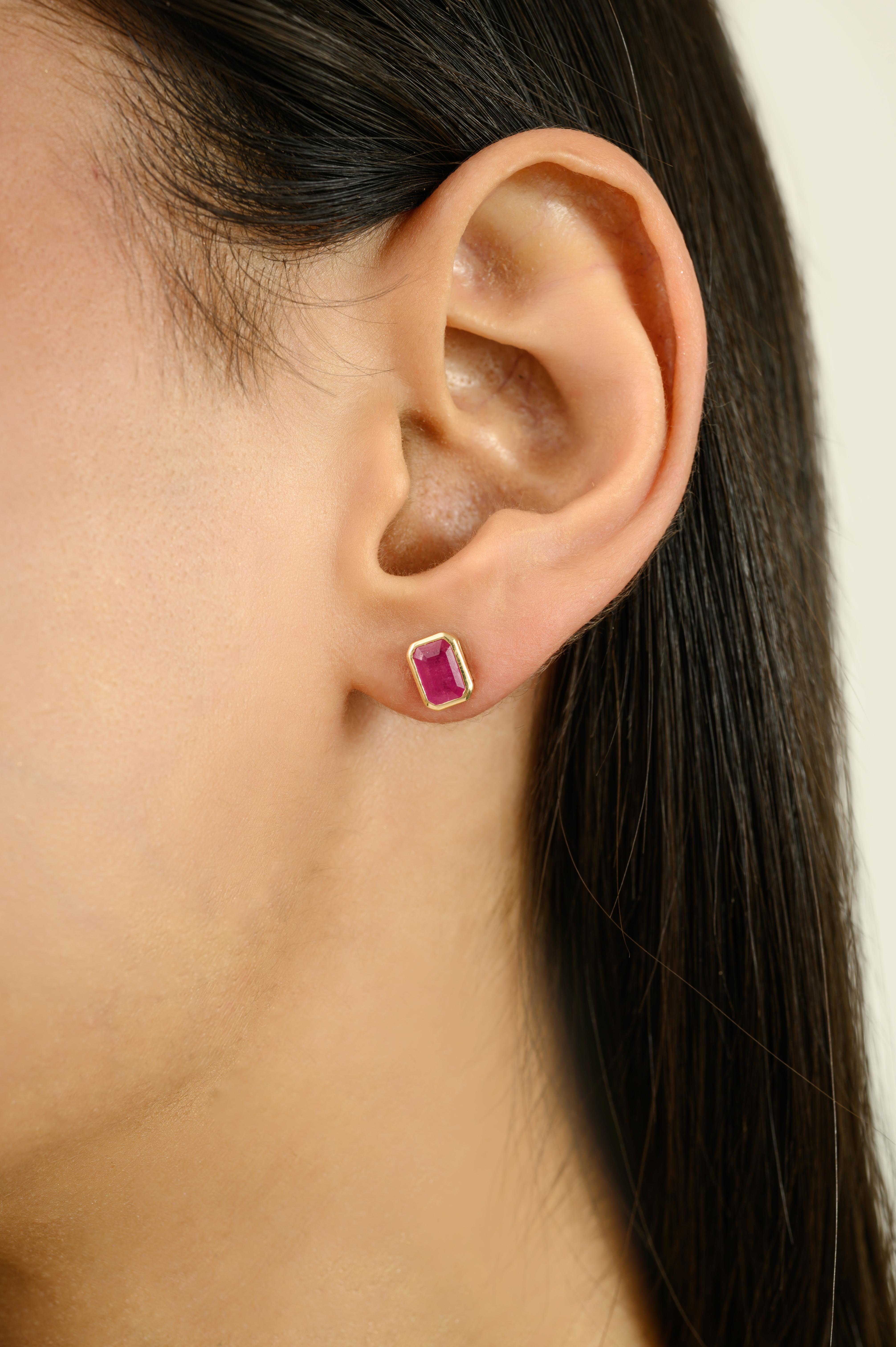 Add timeless elegance to your style with these Minimalist Octagon Cut Ruby Stud Earrings for Her in 14k Solid Yellow Gold. Featuring vibrant red rubies in a sleek bezel setting, these minimalist studs are perfect for everyday wear or special