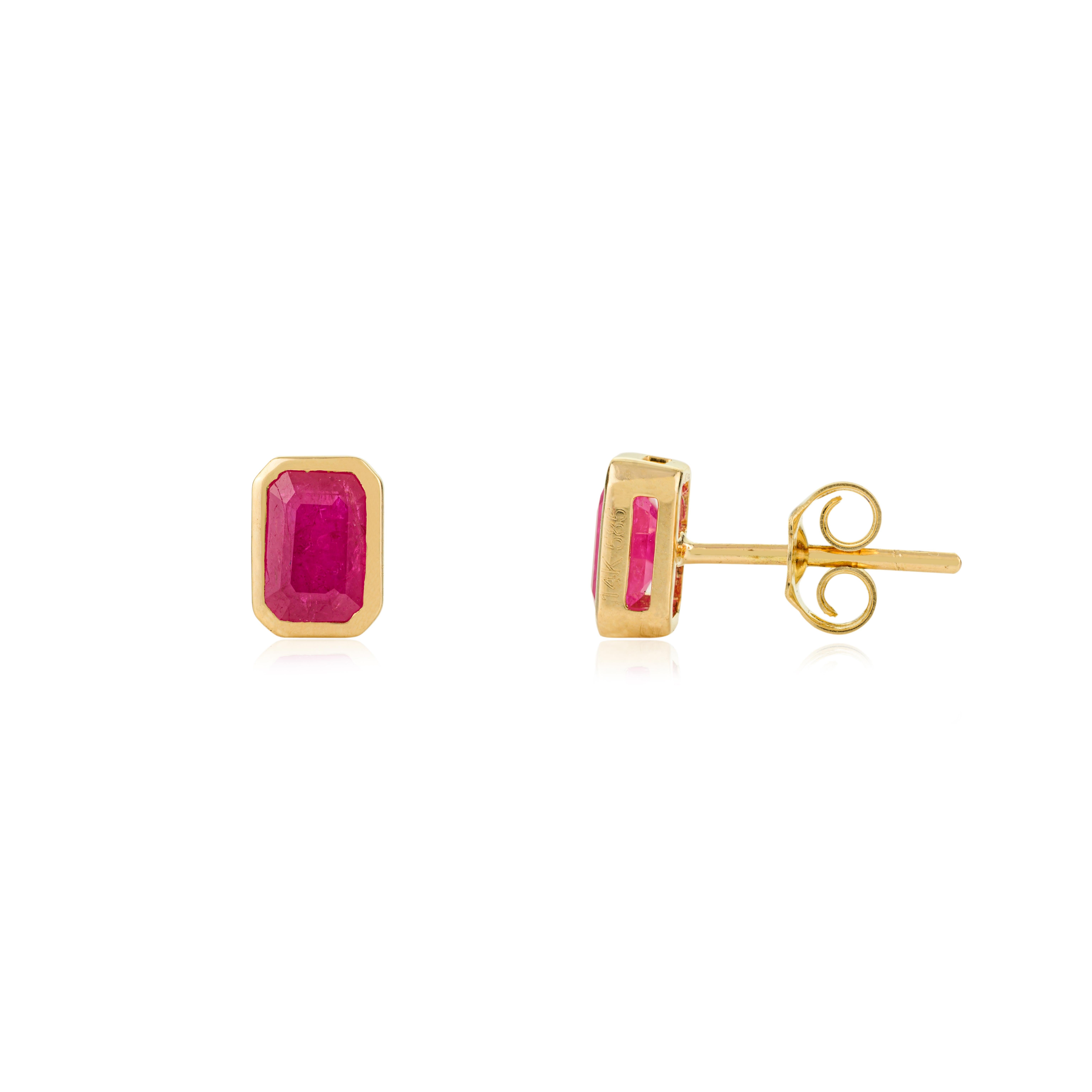 Modernist Minimalist Octagon Cut Ruby Stud Earrings for Her in 14k Solid Yellow Gold For Sale