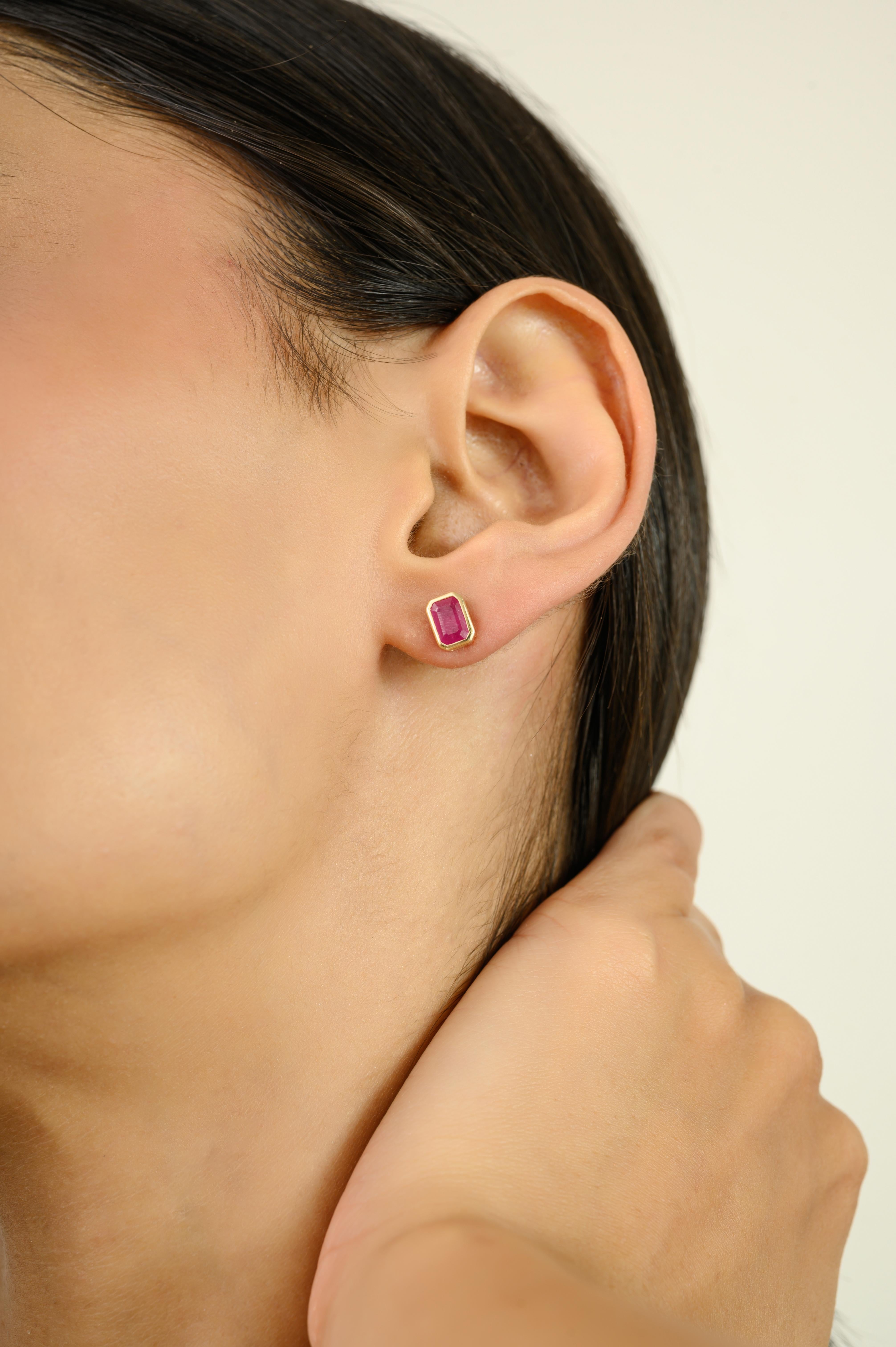 Minimalist Octagon Cut Ruby Stud Earrings for Her in 14k Solid Yellow Gold In New Condition For Sale In New York, NY