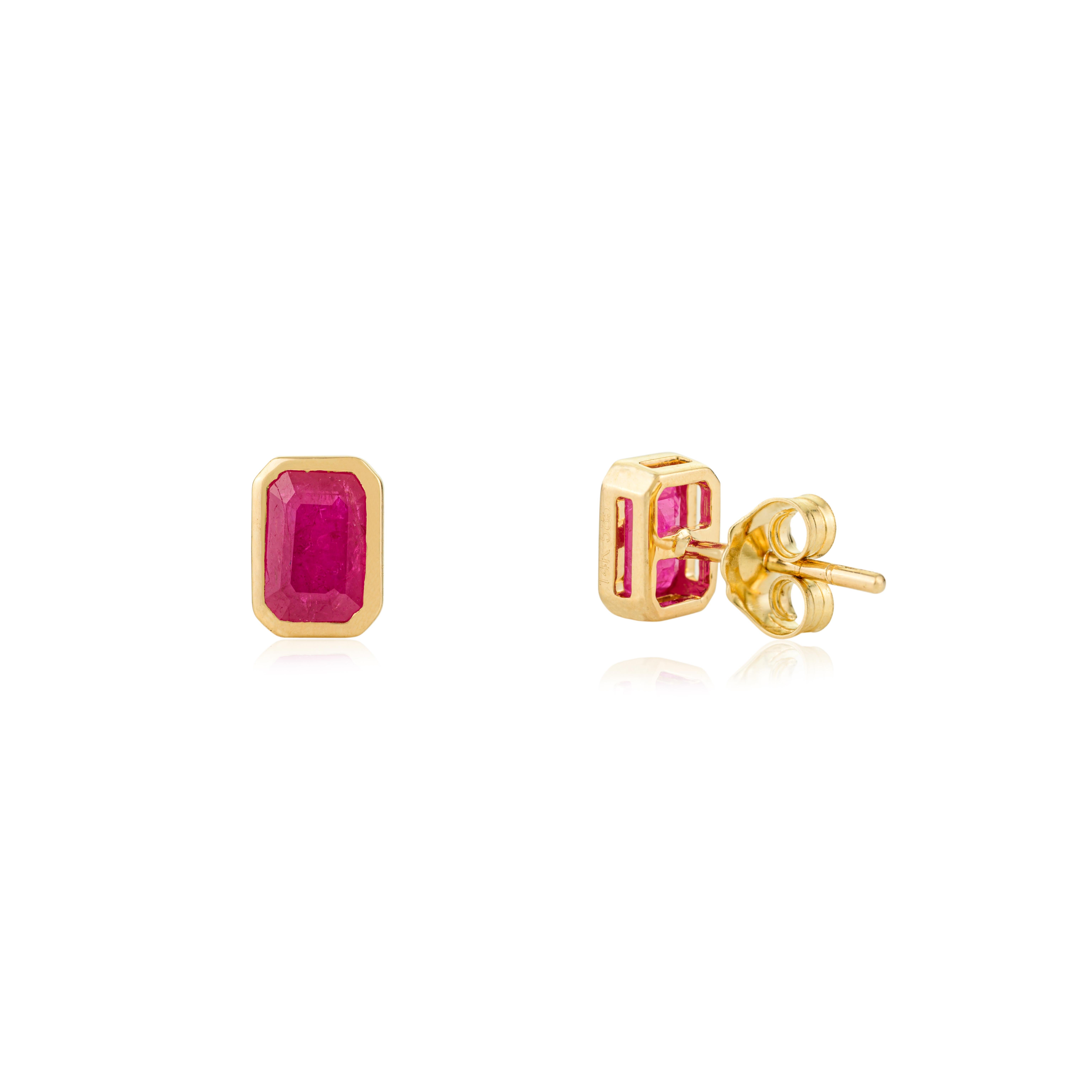 Women's Minimalist Octagon Cut Ruby Stud Earrings for Her in 14k Solid Yellow Gold For Sale