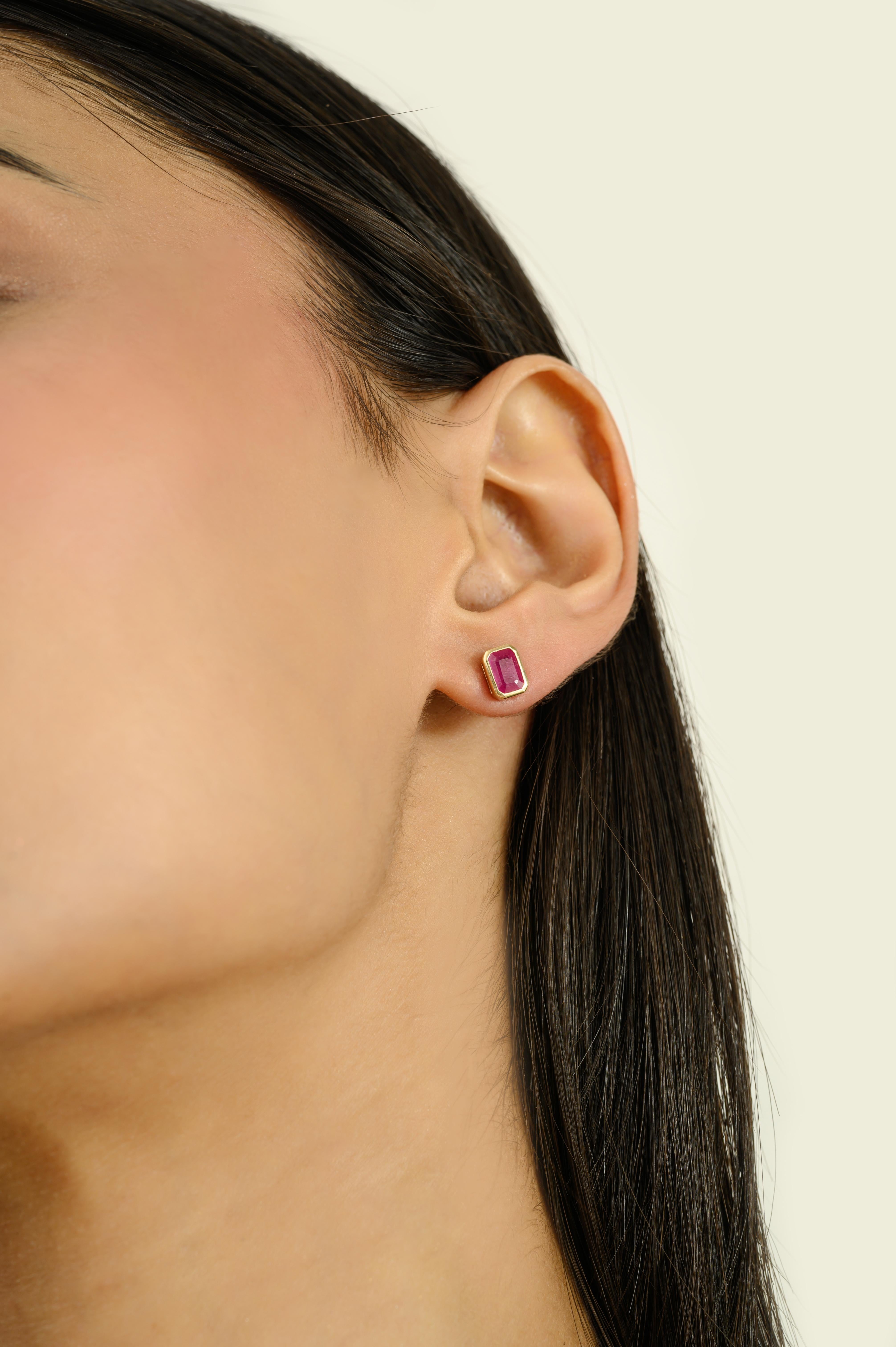 Minimalist Octagon Cut Ruby Stud Earrings for Her in 14k Solid Yellow Gold For Sale 1