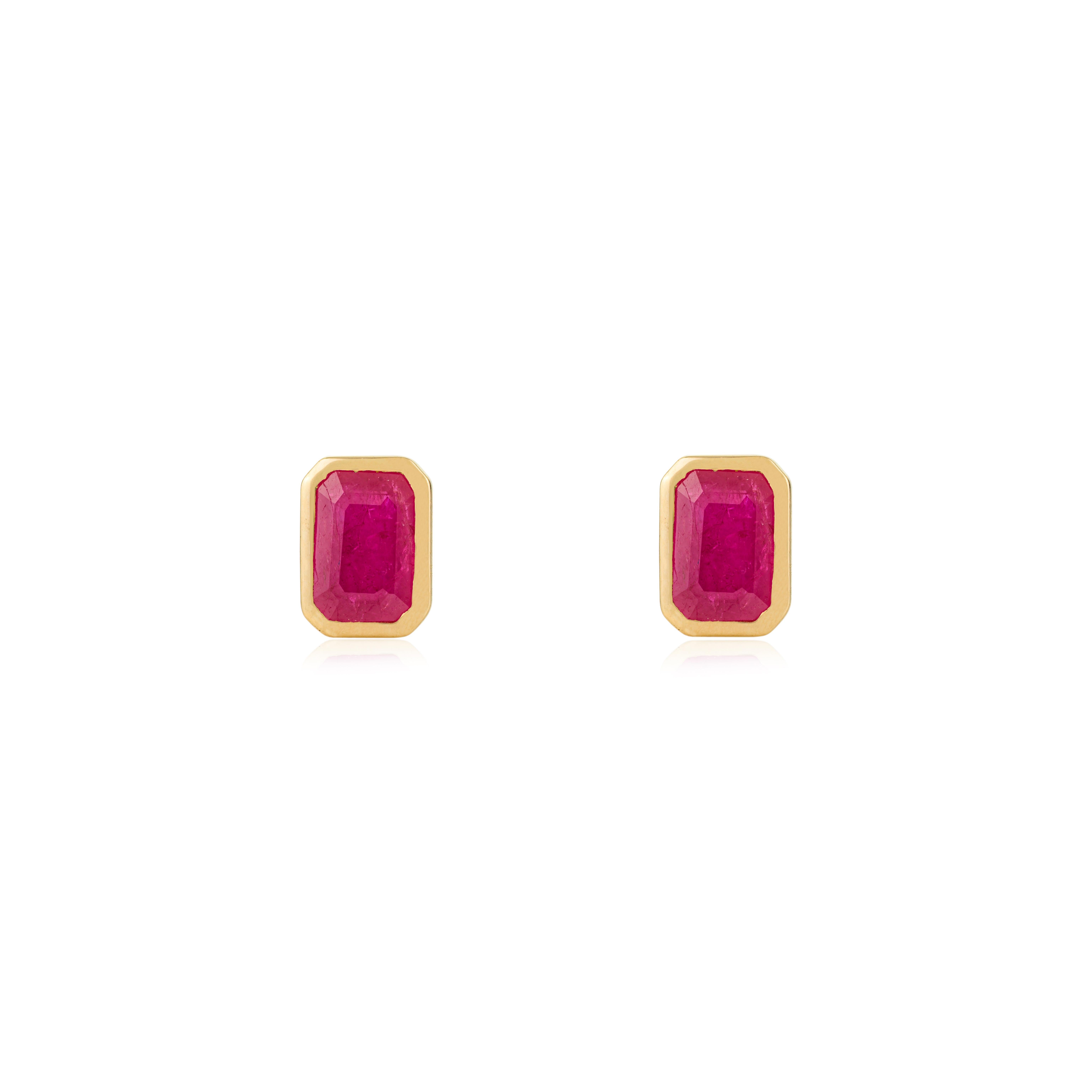 Minimalist Octagon Cut Ruby Stud Earrings for Her in 14k Solid Yellow Gold For Sale 2