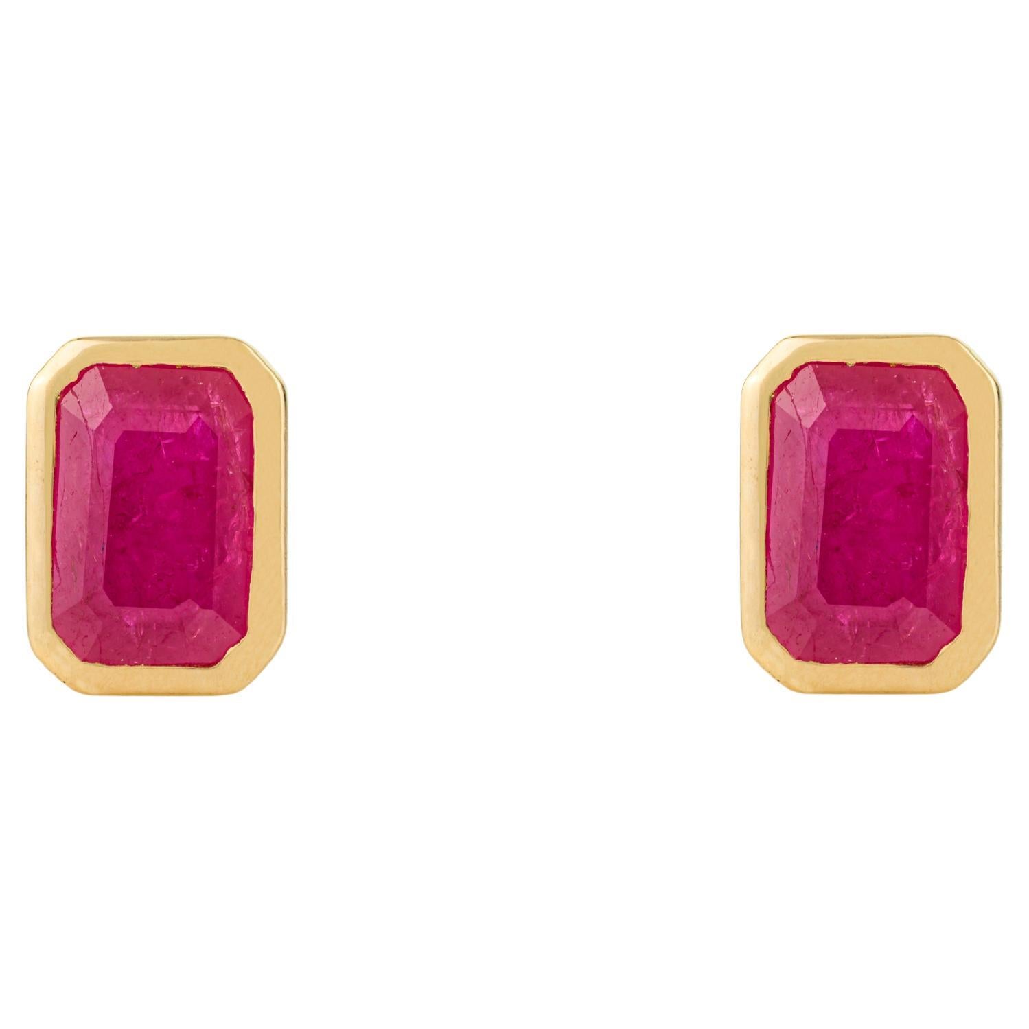 Minimalist Octagon Cut Ruby Stud Earrings for Her in 14k Solid Yellow Gold For Sale