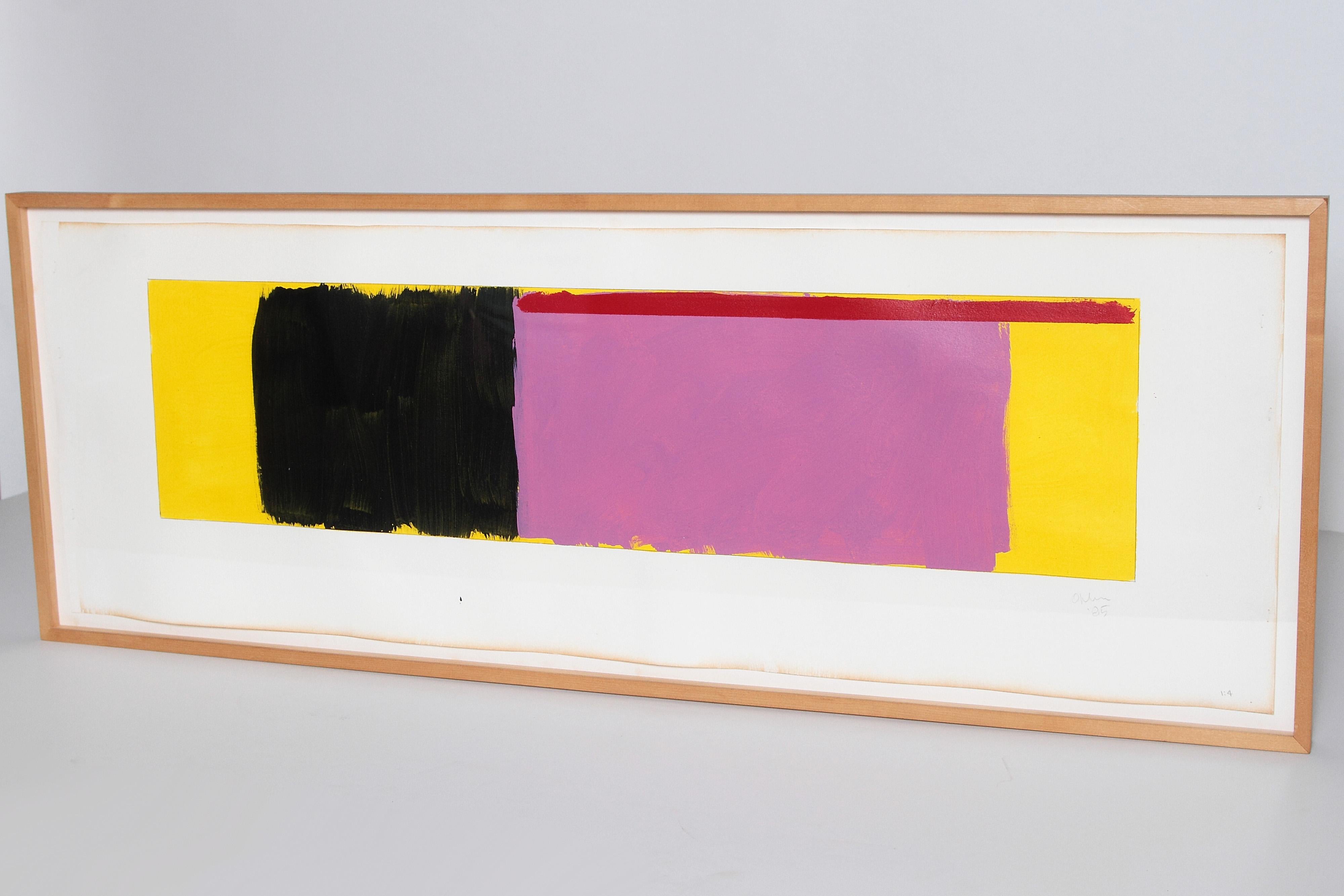 An original Minimalist oil painting on paper by Doug Ohlson, 1936-2010. Doug Ohlson was an American abstract artist who specialized in geometric patterns and vivid colors. The artwork depicts a vibrant yellow background with black, purple and red