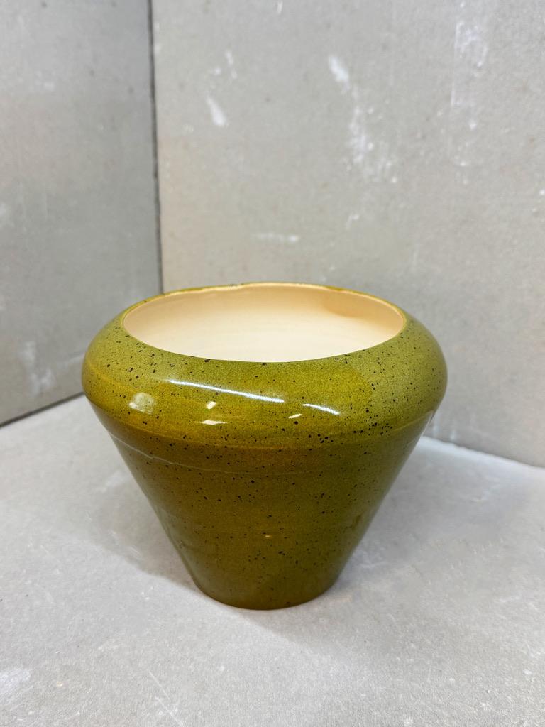 Minimalist Olive Green Ceramic Vessel – Handmade Wabi-Sabi Studio Pottery For Sale 3