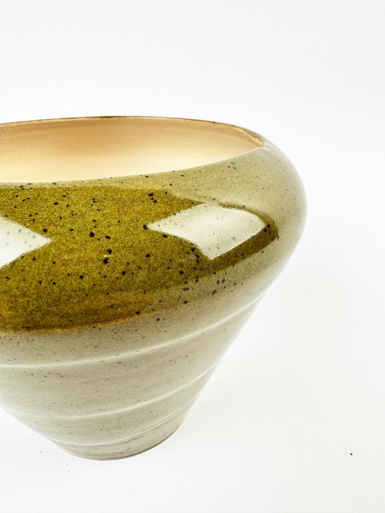 Stoneware Minimalist Olive Green Ceramic Vessel – Handmade Wabi-Sabi Studio Pottery For Sale
